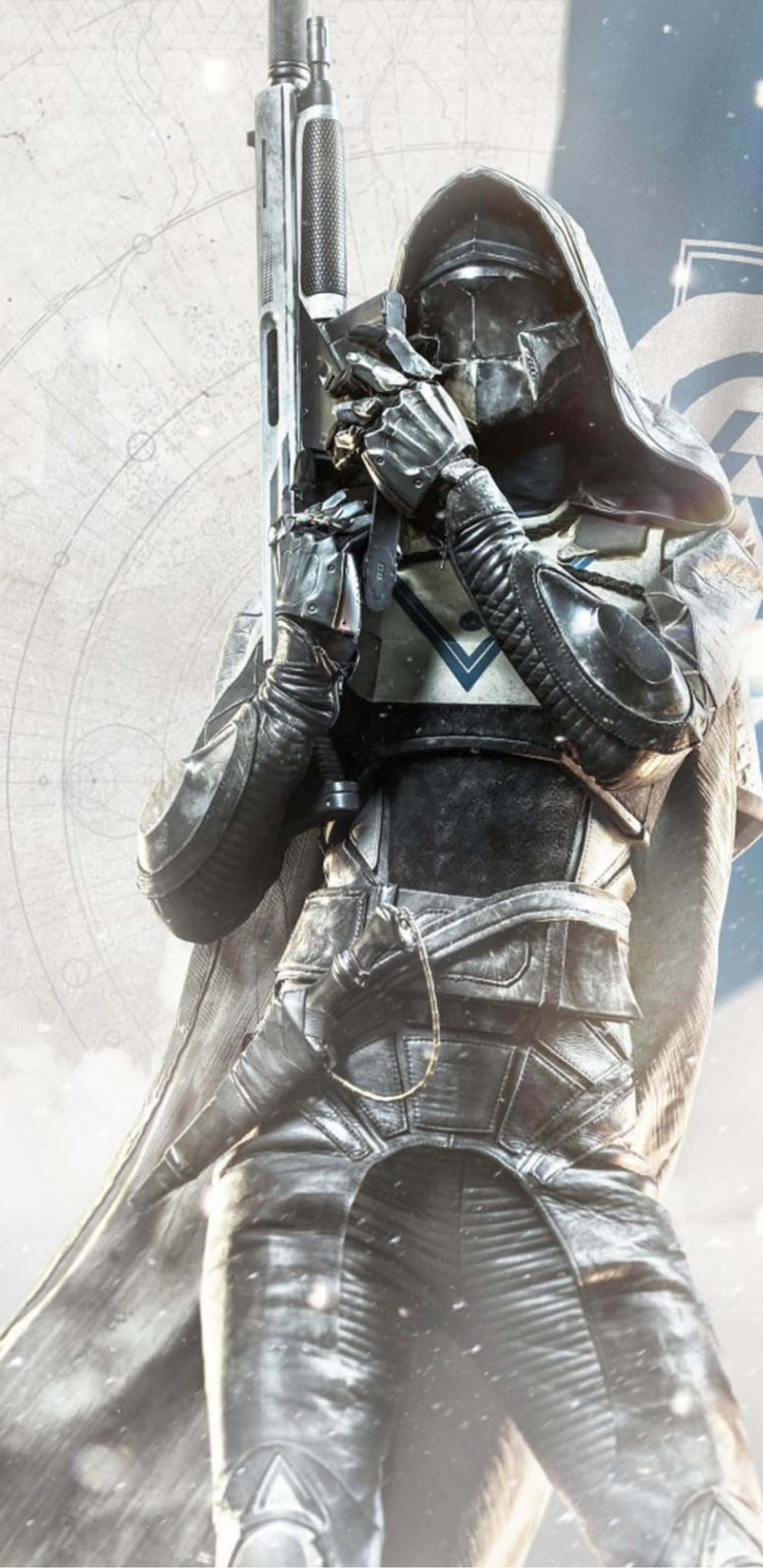 Pixel 3XL《Destiny 2》背景與獵人角色 壁紙 — 一個身穿黑色皮革的兜帽裝甲戰士，在帶有圓形標記的霧氣背景下手持步槍。
