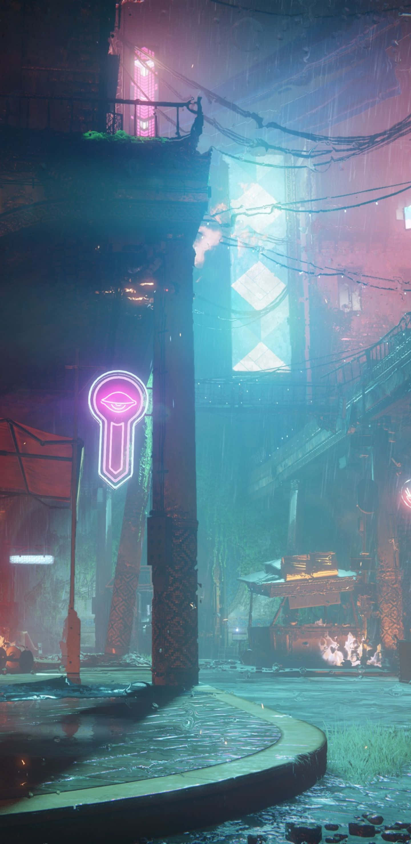 Pixel 3XL《Destiny 2》背景與賽博朋克巷道 壁紙 — 一個霓虹燈鑰匙標誌在潮濕的賽博朋克小巷中發出粉紅色的光芒，周圍有懸掛的電線和發光的窗戶。