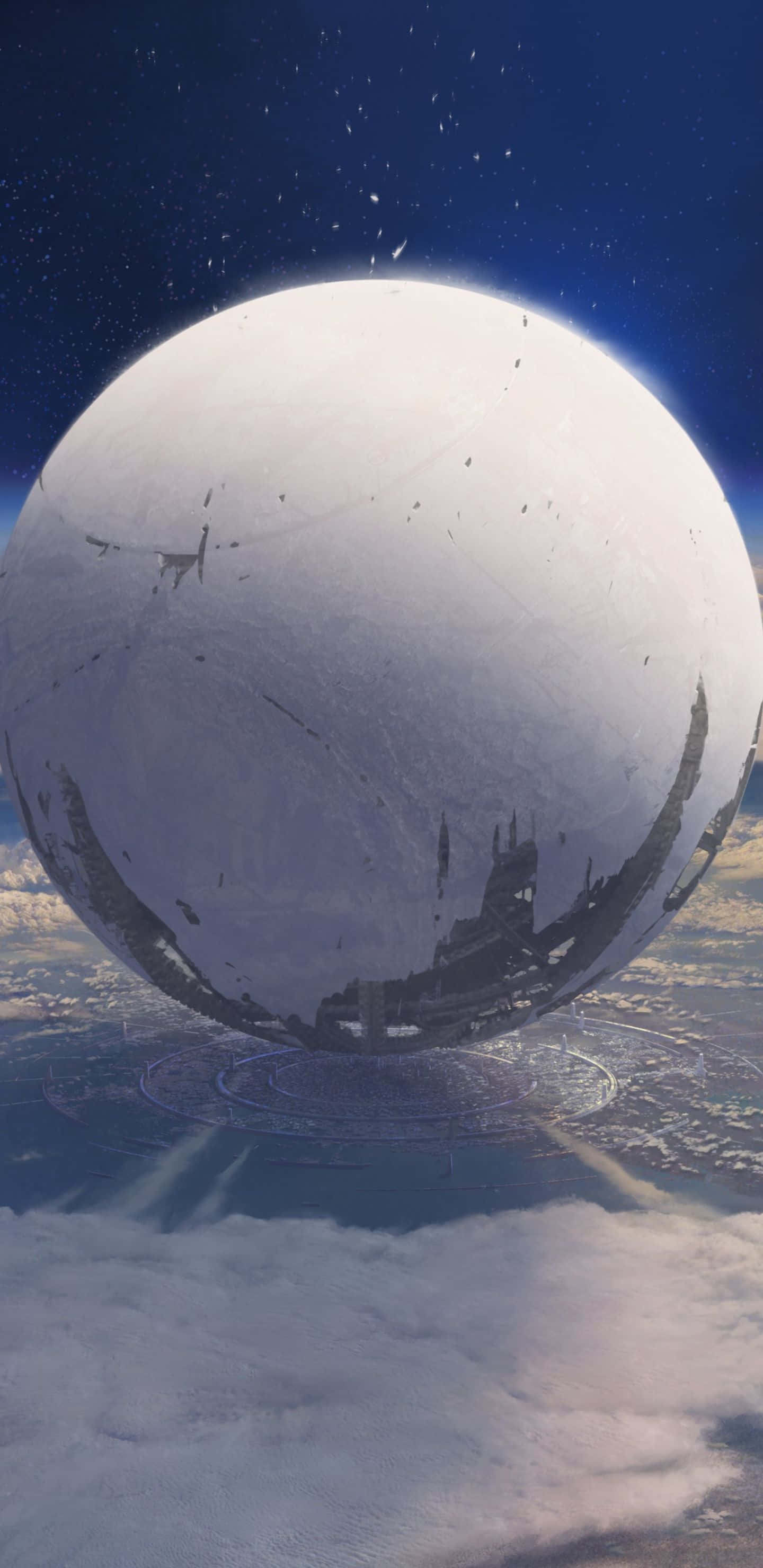 Pixel 3XL《Destiny 2》背景與發光球體 壁紙 — 一個巨大的反射球體懸浮在雲層之上，映照著星空夜空下的未來城市。