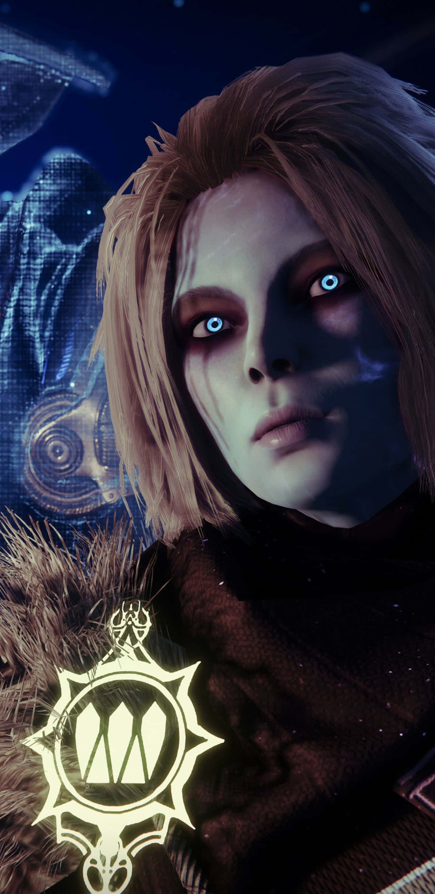 Pixel 3XL《Destiny 2》背景與瑪拉·索夫 壁紙 — 一個蒼白面孔的角色特寫，擁有發光的藍色眼睛和毛皮襯裡斗篷上的發光徽章，背景是黑暗的數位背景。