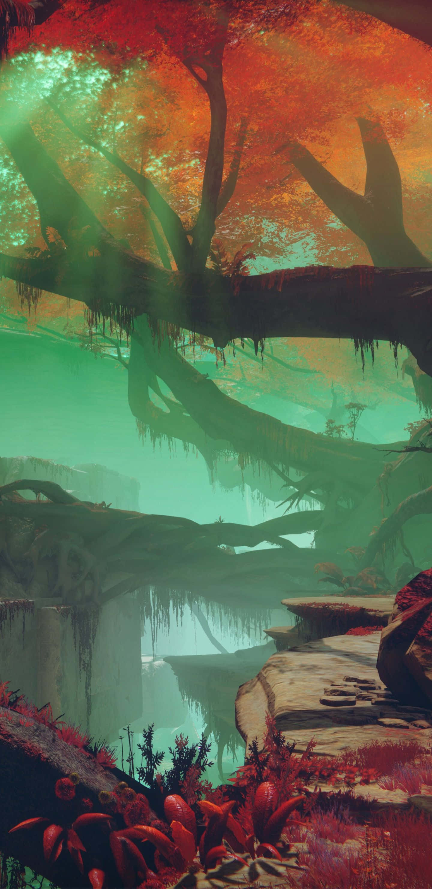 Pixel 3XL《Destiny 2》背景與納蘇斯 壁紙 — 一片超現實的森林，有發光的綠色水和頭頂上熾熱的紅橙色樹冠。