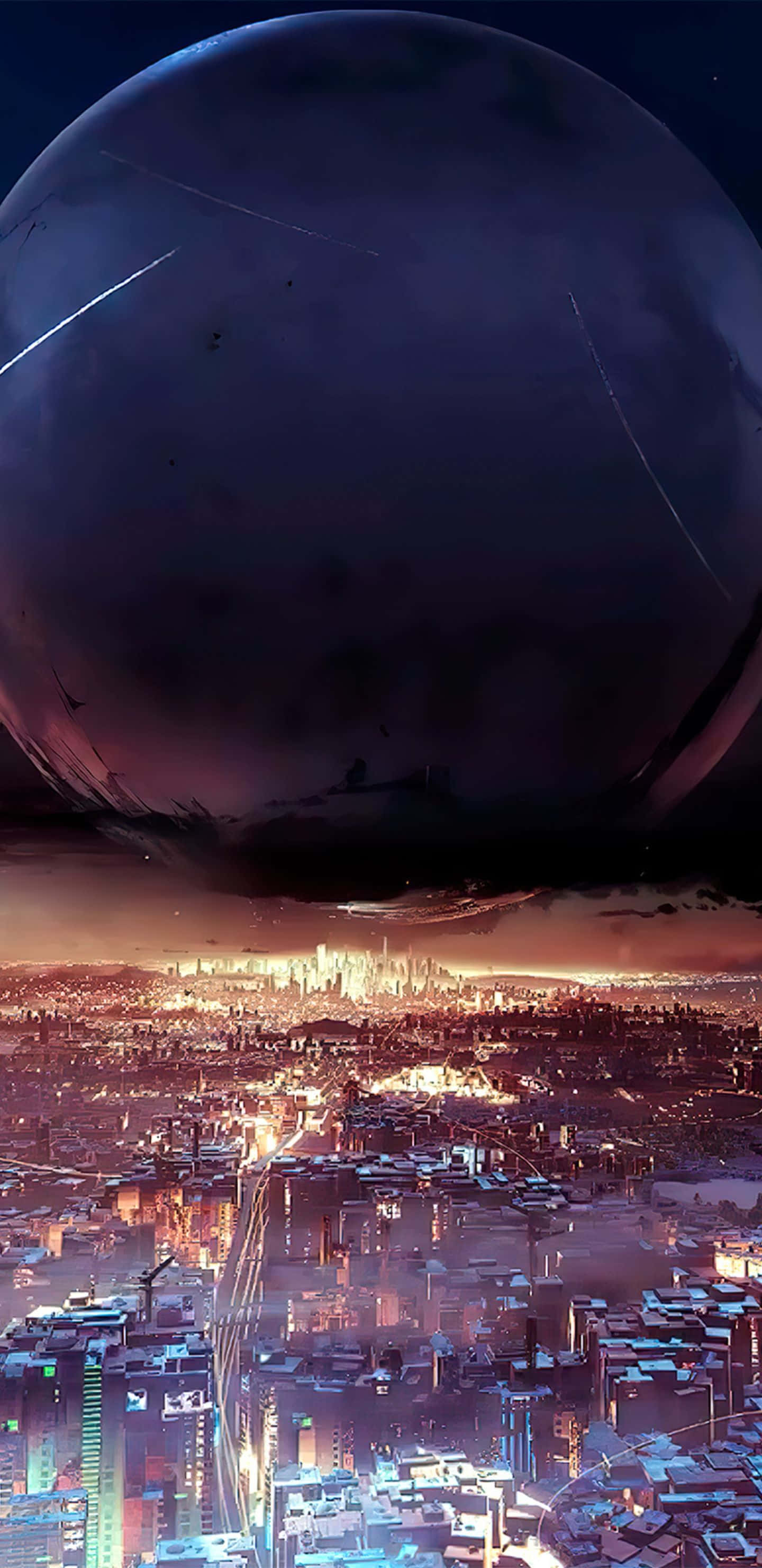 Pixel 3XL《Destiny 2》背景與城市上空的發光球體 壁紙 — 一座廣闊的未來城市在巨大的黑暗行星下發光，流星劃過暮色天空。