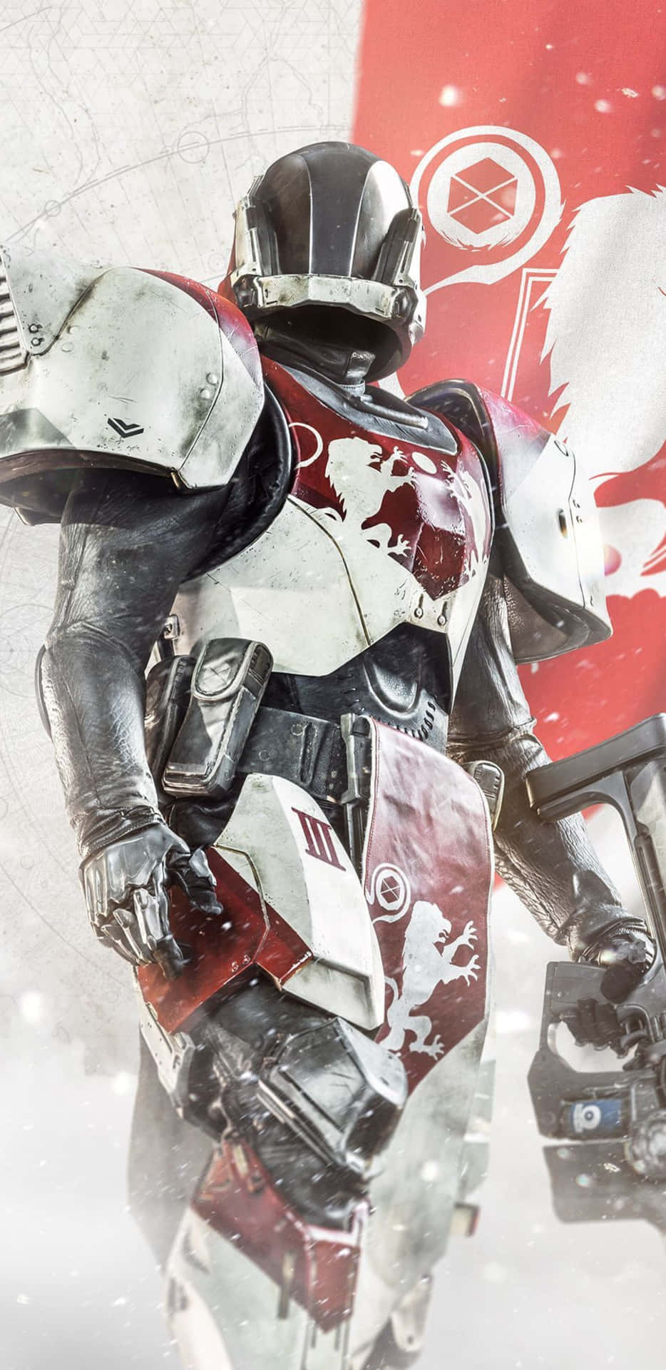 Pixel 3XL《Destiny 2》背景與白色裝甲泰坦 壁紙 — 一名身穿紅白盔甲的重裝騎士站在雪地環境中，身後有一面帶有獅子徽章的紅色旗幟。