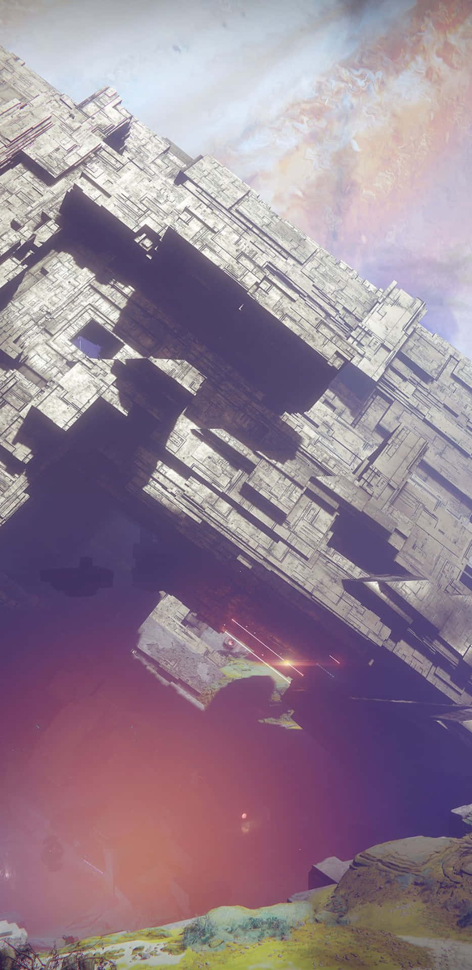 Pixel 3XL《Destiny 2》IO月球背景 壁紙 — 一個巨大的棱角太空站籠罩在一顆發光的外星行星上，周圍環繞著旋轉的粉紅色和橙色雲層。