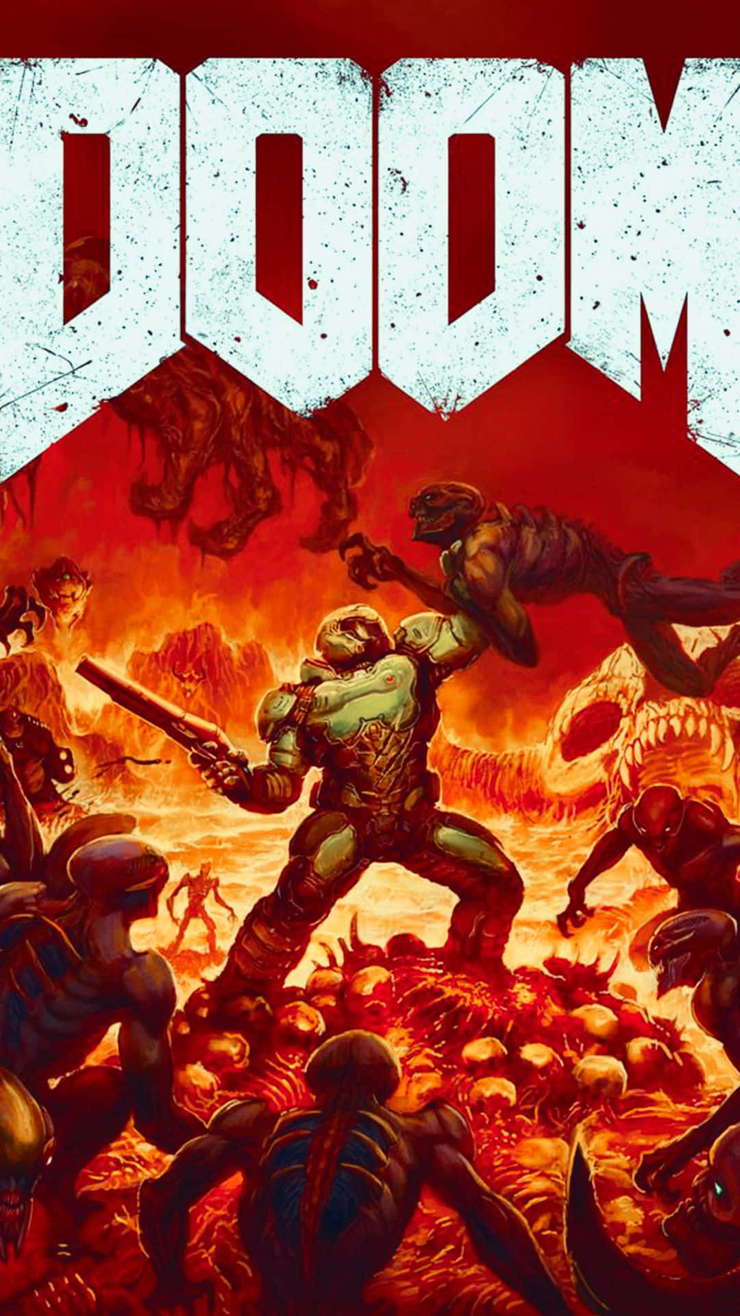 Pixel 3xl Doom 人物海報背景設計 壁紙 — 一名身穿綠色盔甲的士兵在血紅色的天空下，於熾熱的地獄景觀中與惡魔生物戰鬥。