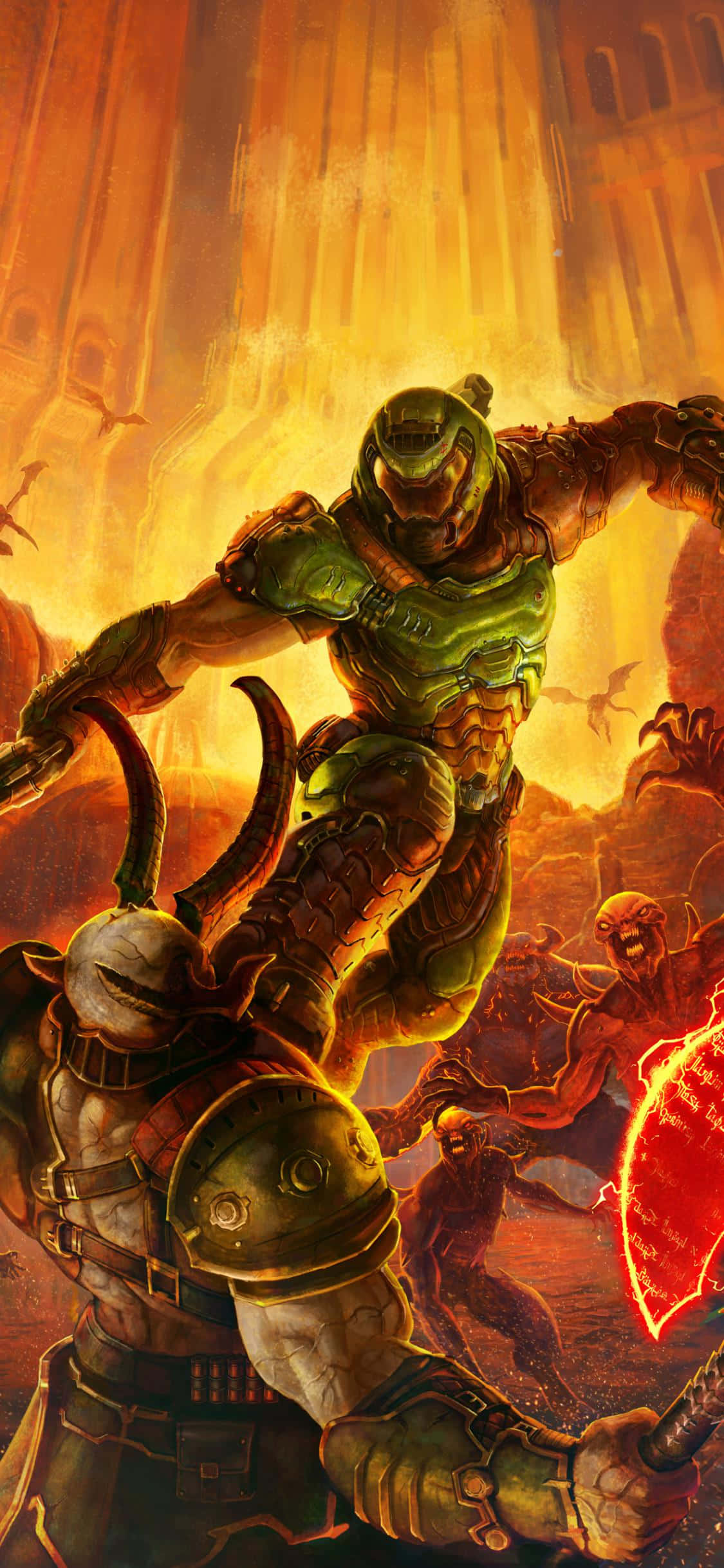Pixel 3xl Doom 人物激烈戰鬥背景 壁紙 — 一名身穿綠色盔甲的戰士跳入戰鬥，對抗惡魔敵人，地點是燃燒且崩塌的大教堂。