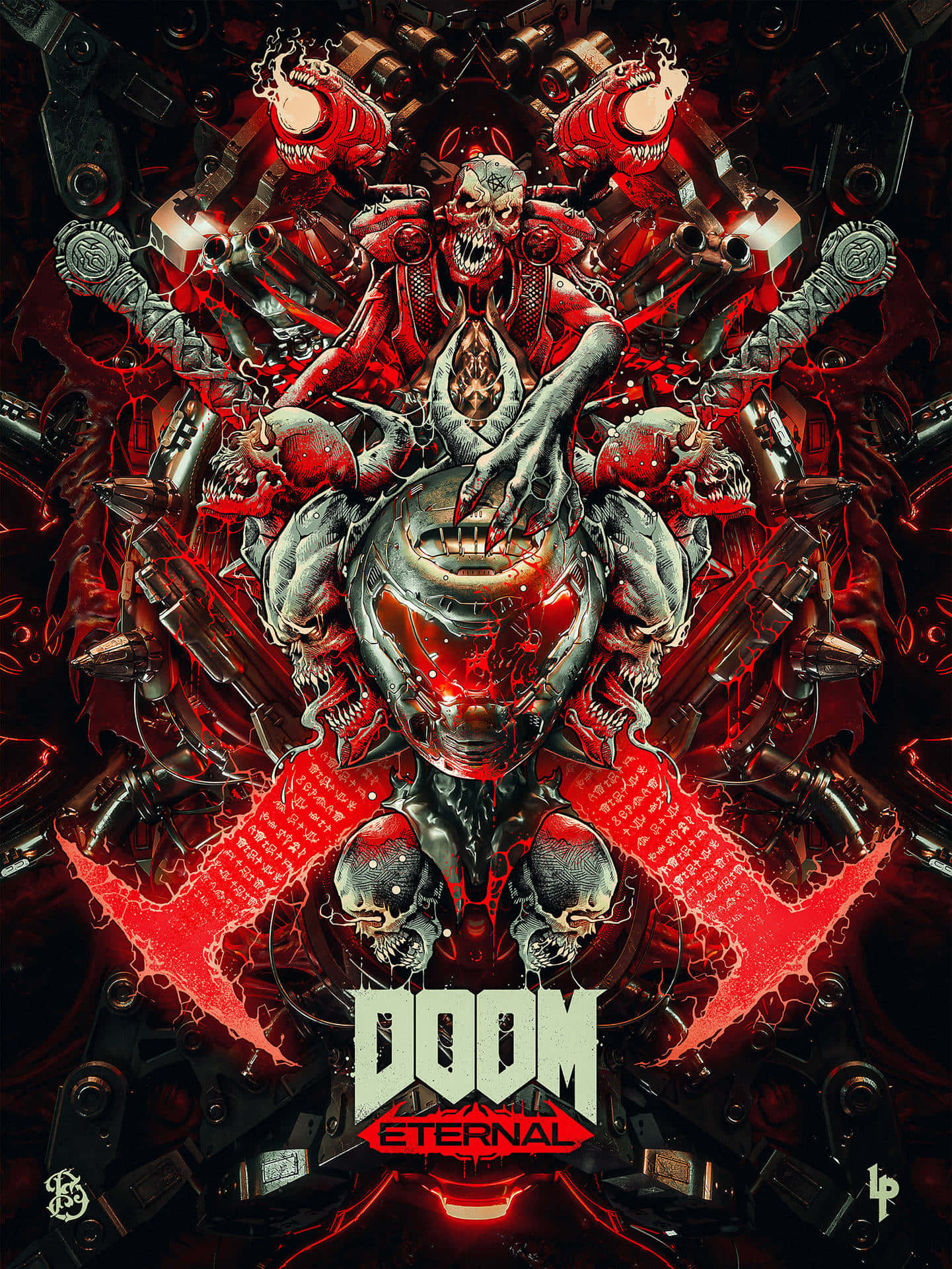 Pixel 3XL Doom - 走進科技的黑暗面（或）體驗一段難忘的冒險旅程 壁紙 — 一個多臂多顱的可怕惡魔形象從機械地獄中浮現，在暗色金屬襯托下發出紅色光芒。