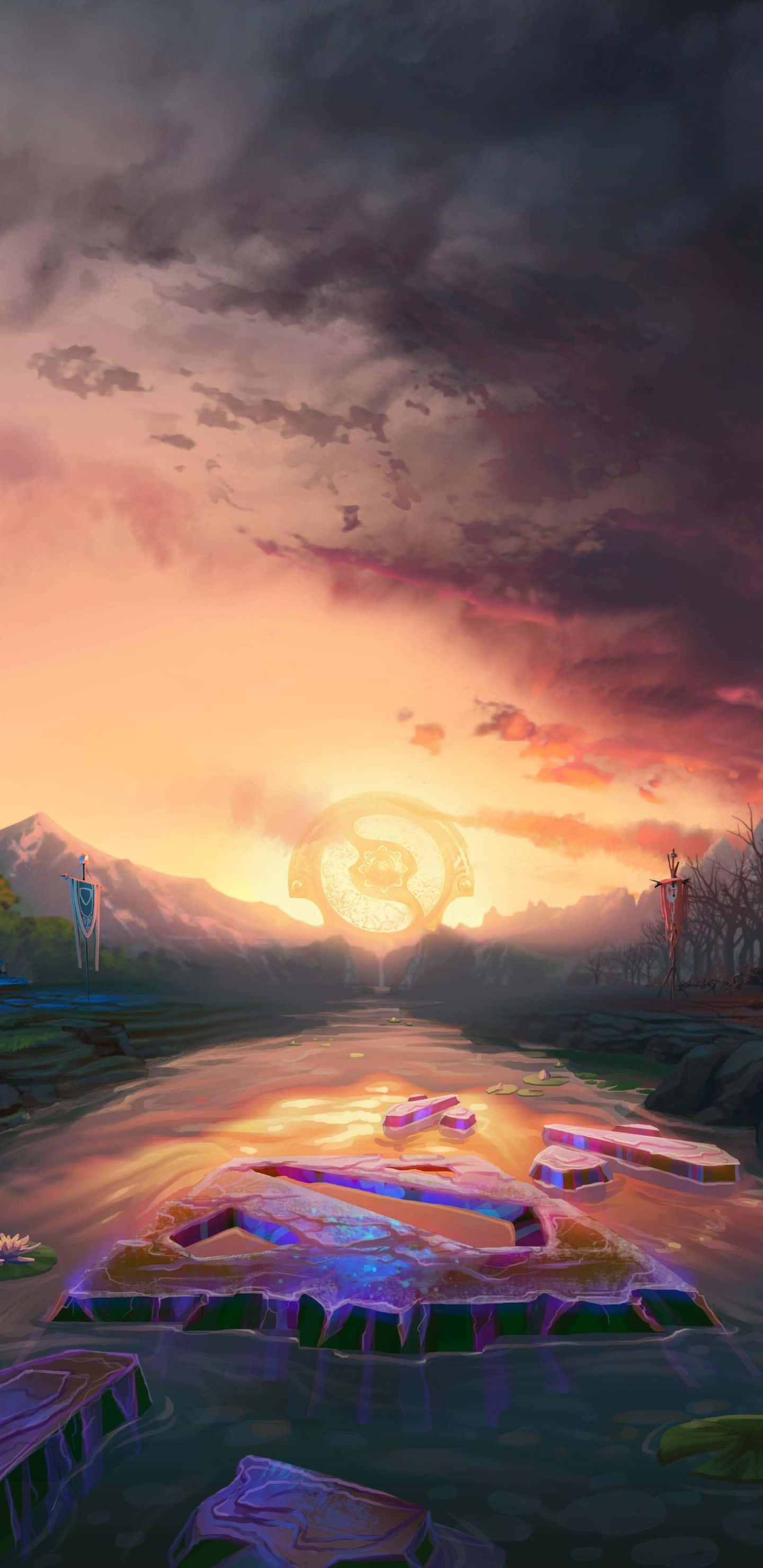 Pixel 3XL《Dota 2》背景：地面上發光的Dota標誌 壁紙 — 一條神秘的河流流經發光的廢墟，在戲劇性的日落天空下，一個發光的陰陽符號懸浮在遠山之上。