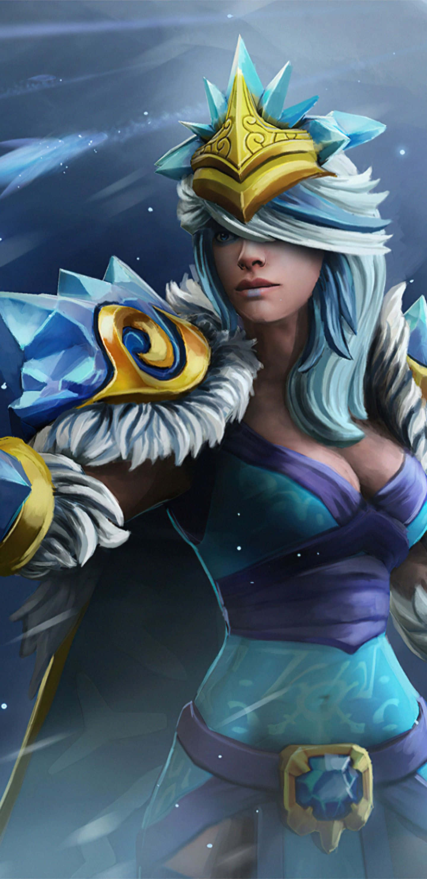 Pixel 3XL Dota 2 背景與冰晶女郎藝術圖 壁紙 — 一位以冰為主題的威嚴戰士，藍色頭髮和金色王冠，在星光宇宙背景下蓄勢待發。