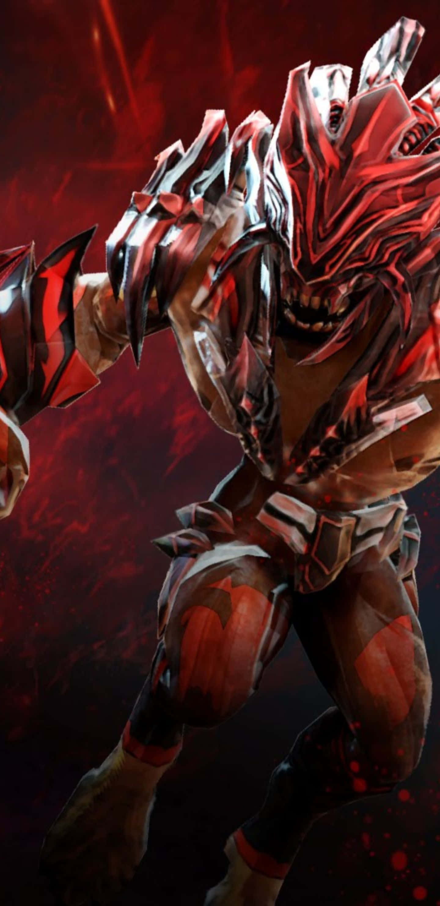 Pixel 3XL Dota 2 背景與血魔 壁紙 — 一個帶有鋸齒狀尖刺和發光眼睛的威脅性紅銀色裝甲戰士站在黑暗、血跡斑斑的戰場上。