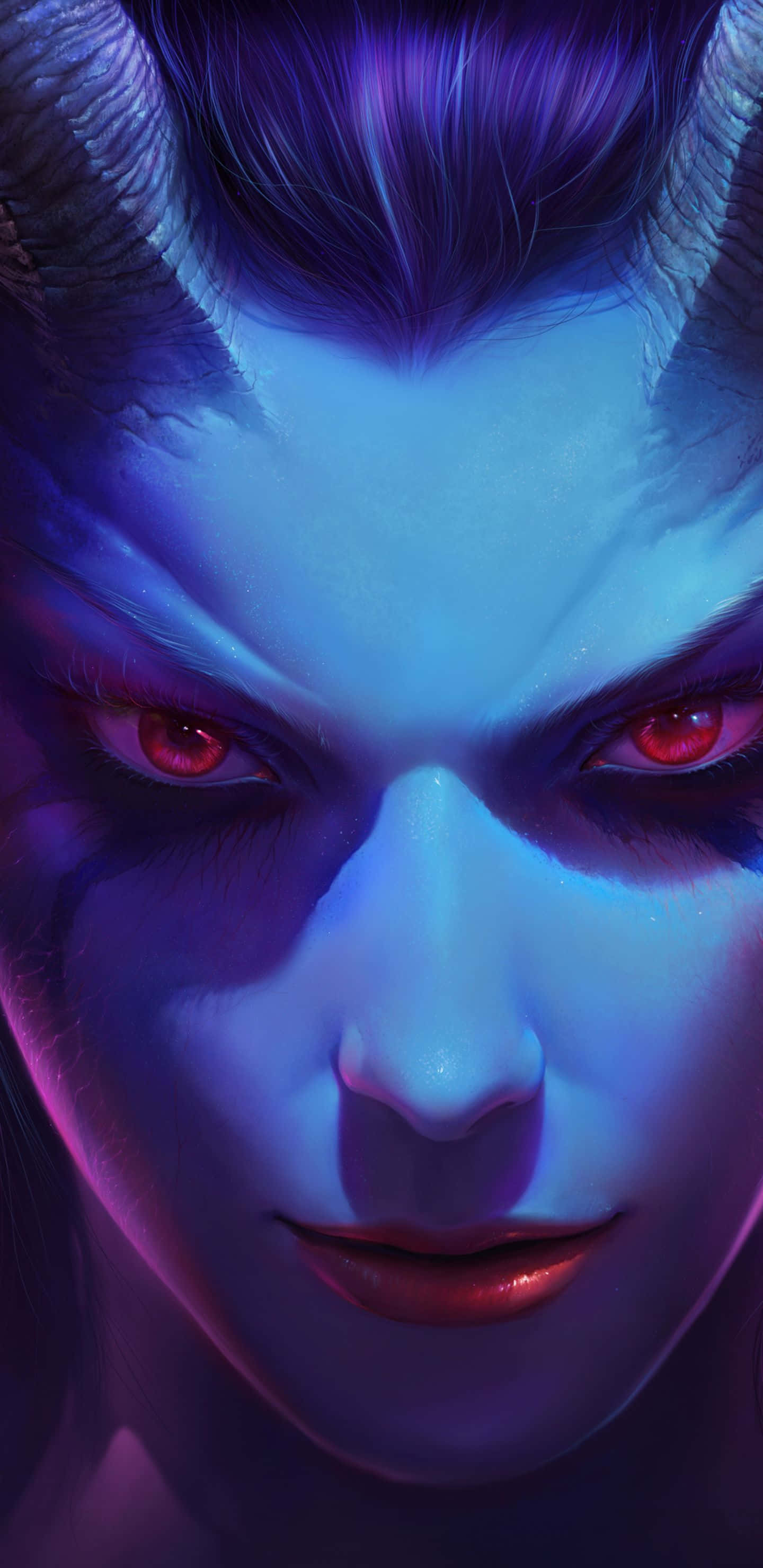 Pixel 3XL Dota 2 桌面：痛苦女王 壁紙 — 近距離拍攝一個惡魔般的人物，擁有發光的紅色眼睛和帶角的頭部，沐浴在電光藍和紫色光線中。