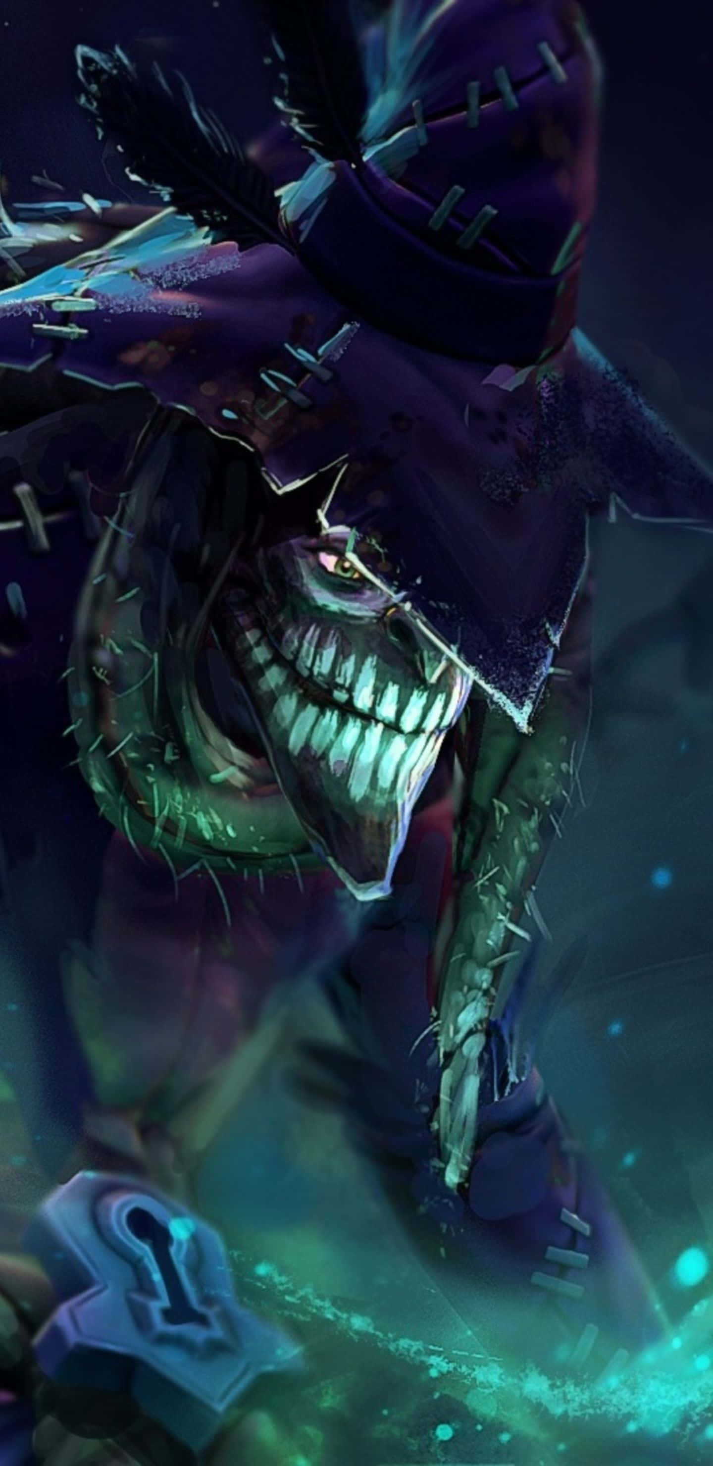 Pixel 3XL Dota 2 背景與魅惑 壁紙 — 一個縫合起來、帶有發光眼睛和咧嘴笑容的威脅性稻草人，在詭異的青色和紫色燈光中隱現。