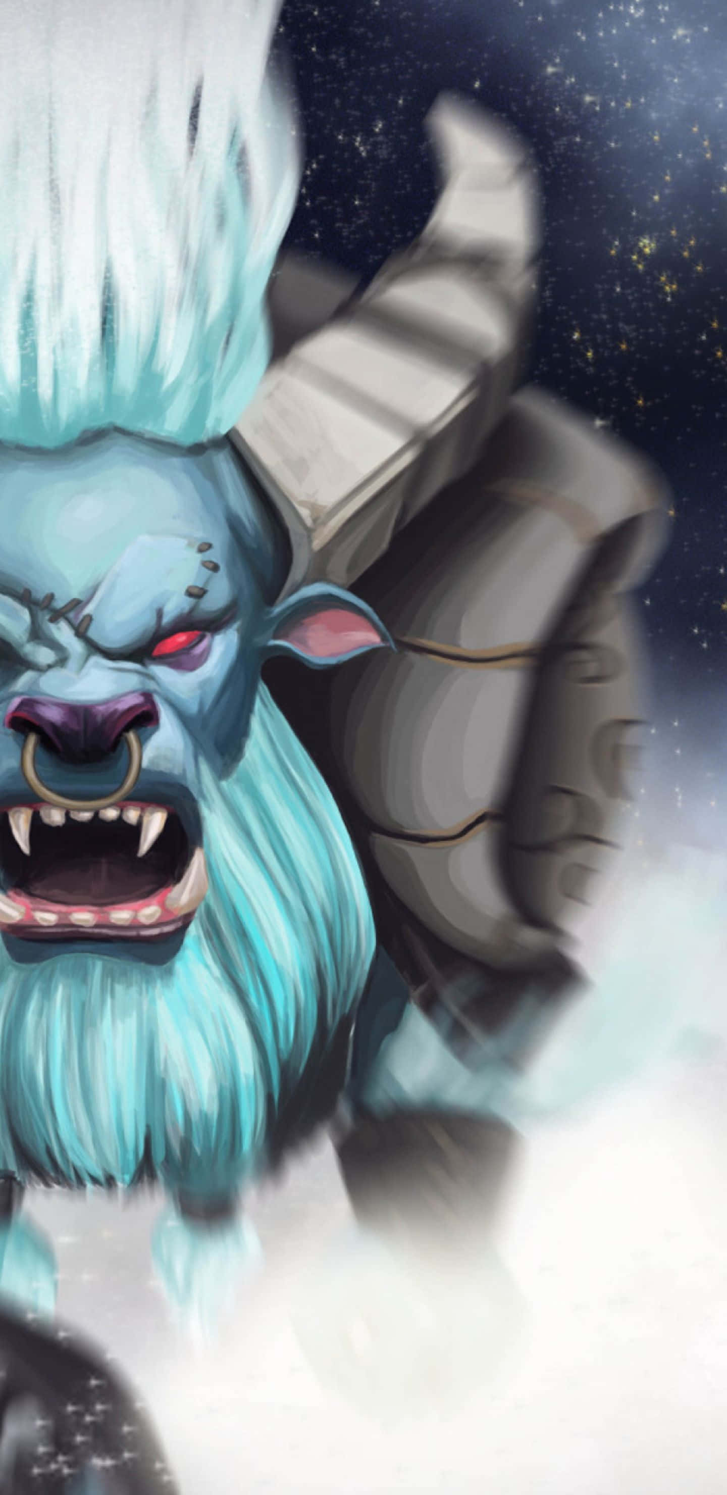 Pixel 3XL Dota 2 背景與靈魂破壞者 壁紙 — 一隻兇猛的藍毛野獸，擁有發光的紅眼睛和石頭盔甲，在星光宇宙背景下咆哮。