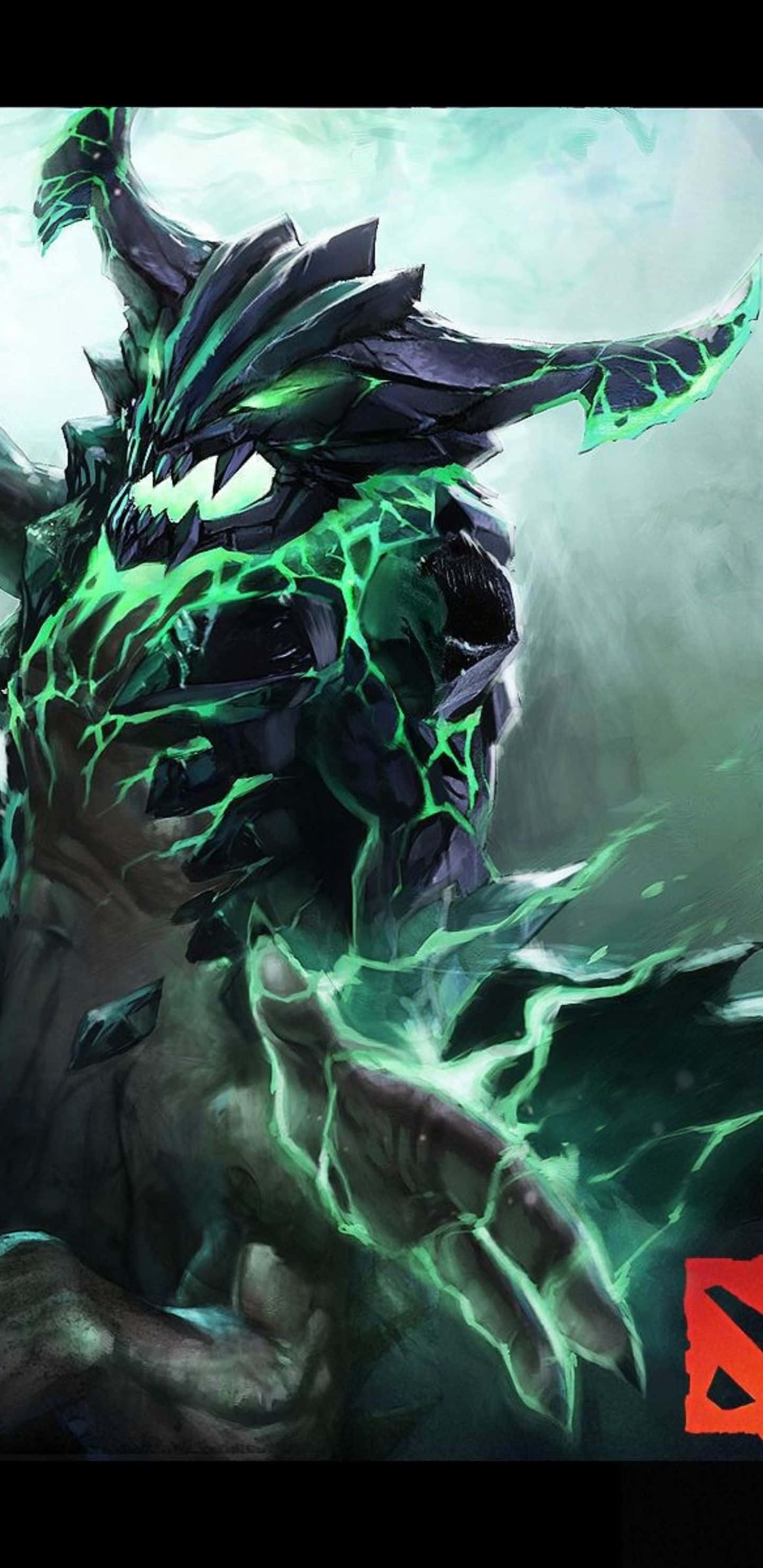 Pixel 3XL《Dota 2》背景與外域毀滅者 壁紙 — 一個帶有綠色發光能量在鋸齒裝甲和伸出的手上噼啪作響的威脅性黑暗生物。
