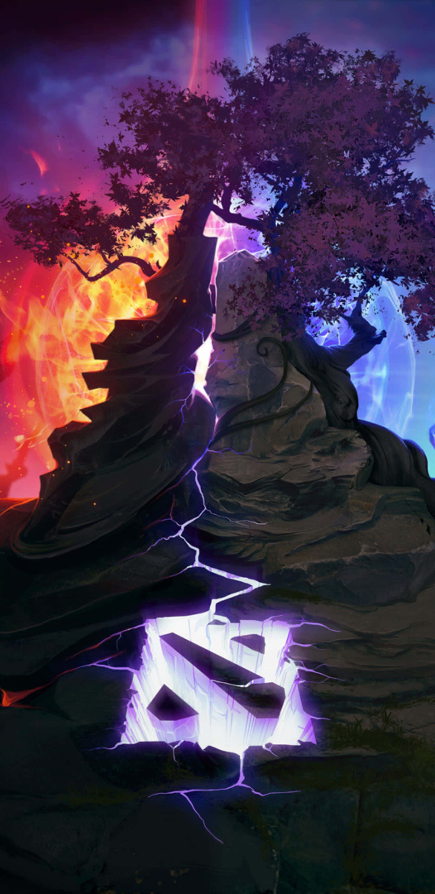 Pixel 3xl Dota 2 背景：光輝與黑暗陣營 壁紙 — 一棵孤樹矗立在岩石懸崖上，一邊是熾熱的橙色熔岩噴發，另一邊是發光的藍色能量脈動。