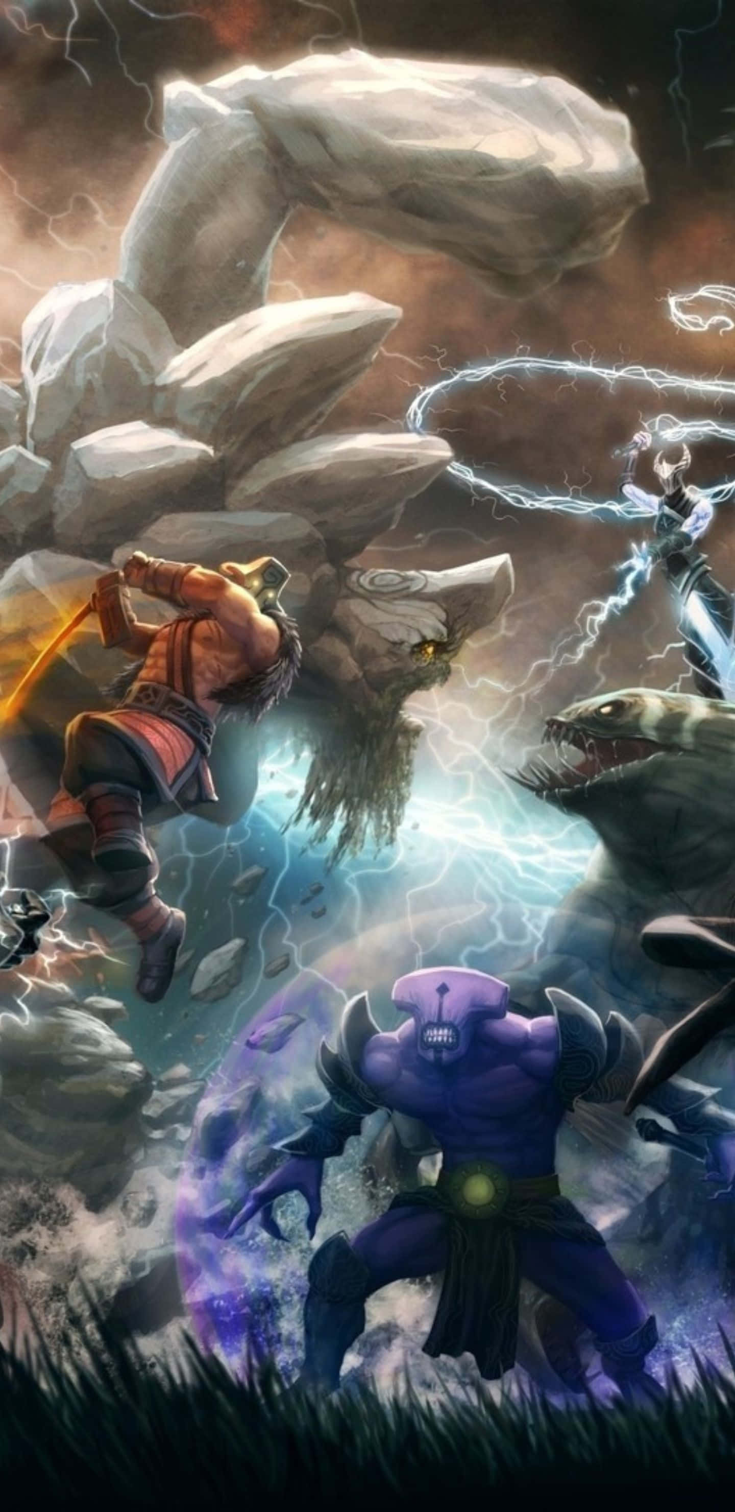 Pixel 3xl Dota 2 背景：遊戲角色 壁紙 — 一名戰士揮砍巨型岩石生物，閃電擊中紫色盔甲反派和鯊魚怪獸周圍。