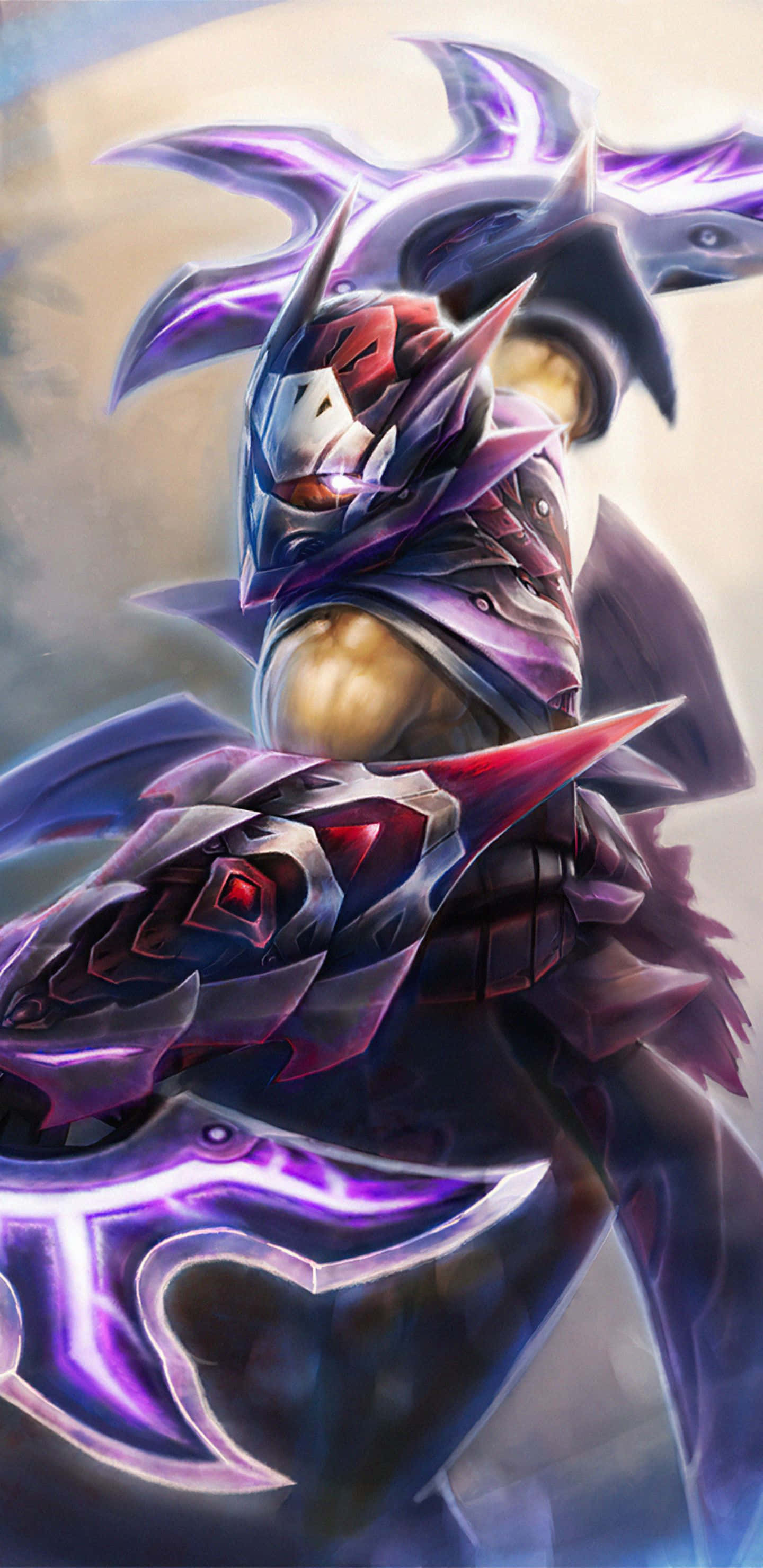 Pixel 3XL Dota 2 背景與反魔法師 壁紙 — 一名兇猛的裝甲戰士，身穿發光的紫色和紅色盔甲，在陰雲密布的天空下揮舞著一把巨大的發光斧頭。