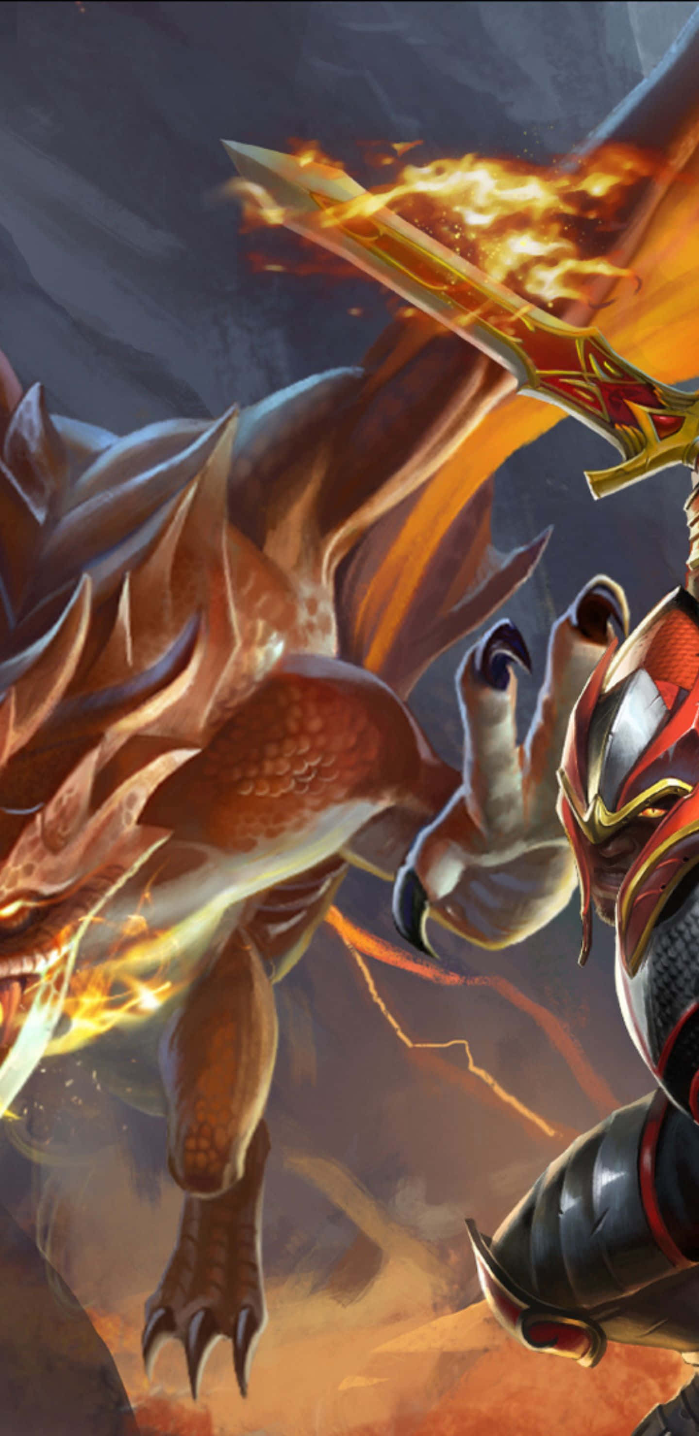 Pixel 3XL Dota 2 背景與龍騎士 壁紙 — 一條噴火龍撲向一名揮舞著火焰劍的裝甲戰士，上演一場戲劇性的戰鬥場景。