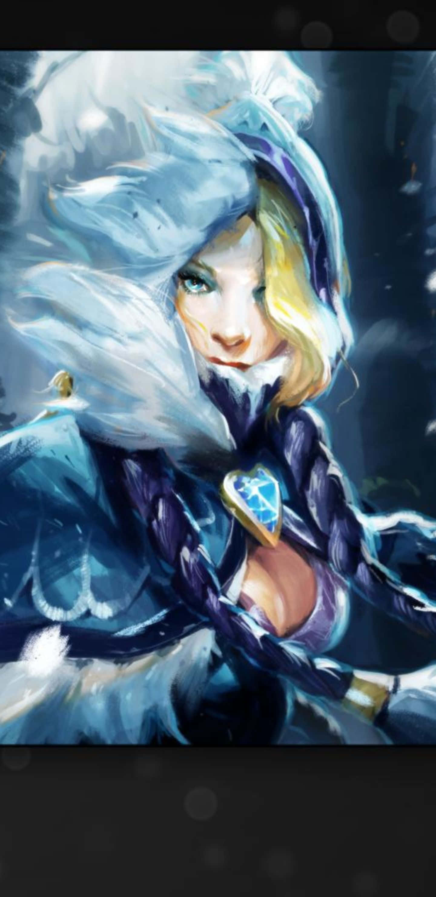 Pixel 3XL Dota 2 桌面：水晶女巫 壁紙 — 一位被霜凍的戰士女性，金髮藍眼，穿著毛皮襯裡的兜帽和深色盔甲，背景是雪地。