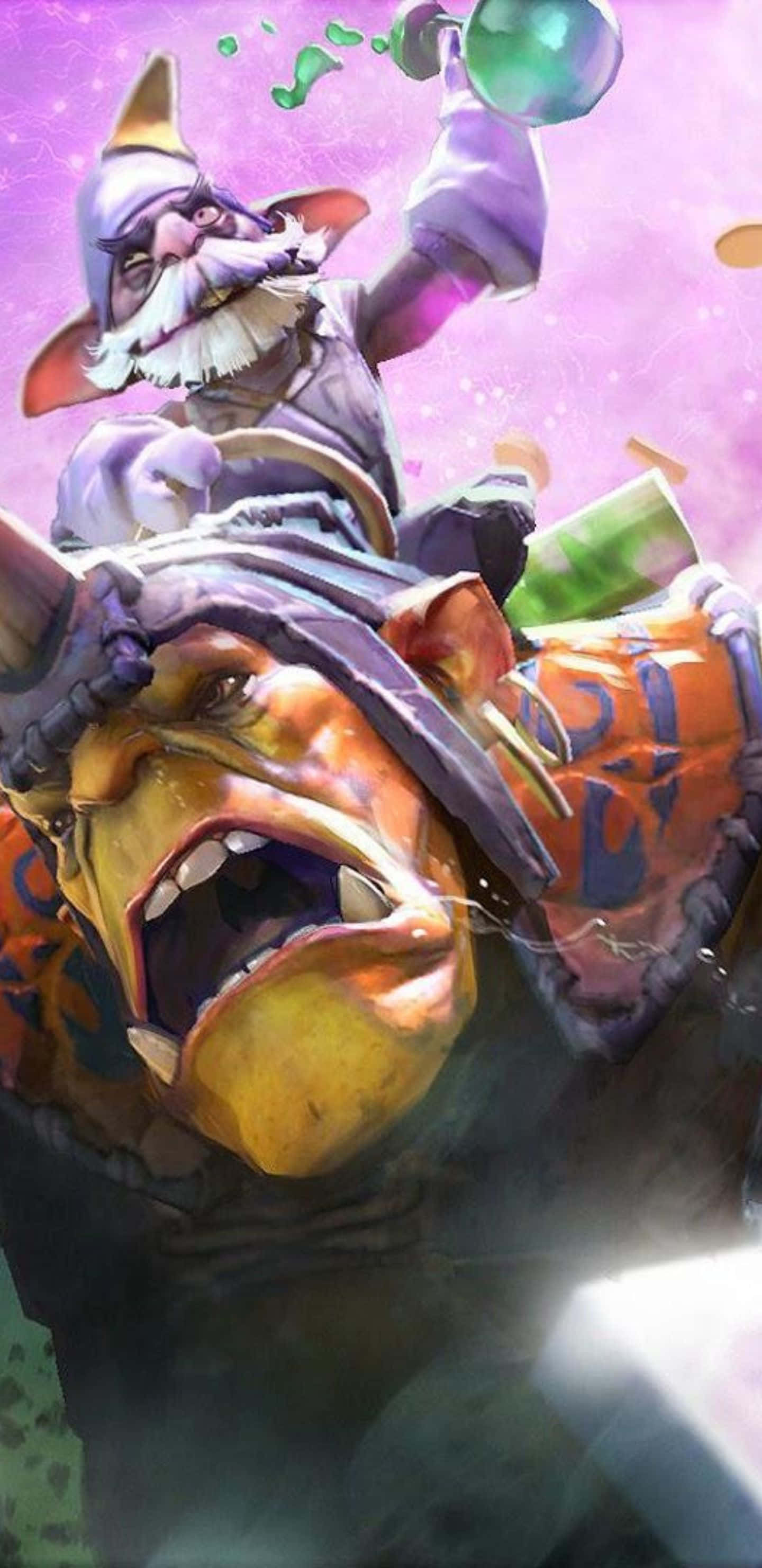 Pixel 3xl Dota 2 背景：煉金術士與巨魔 壁紙 — 一位戴著紫色帽子的巫師，在閃爍的粉紅色背景前，將燒瓶中的發光綠色液體倒在咆哮的橙色食人魔頭上。