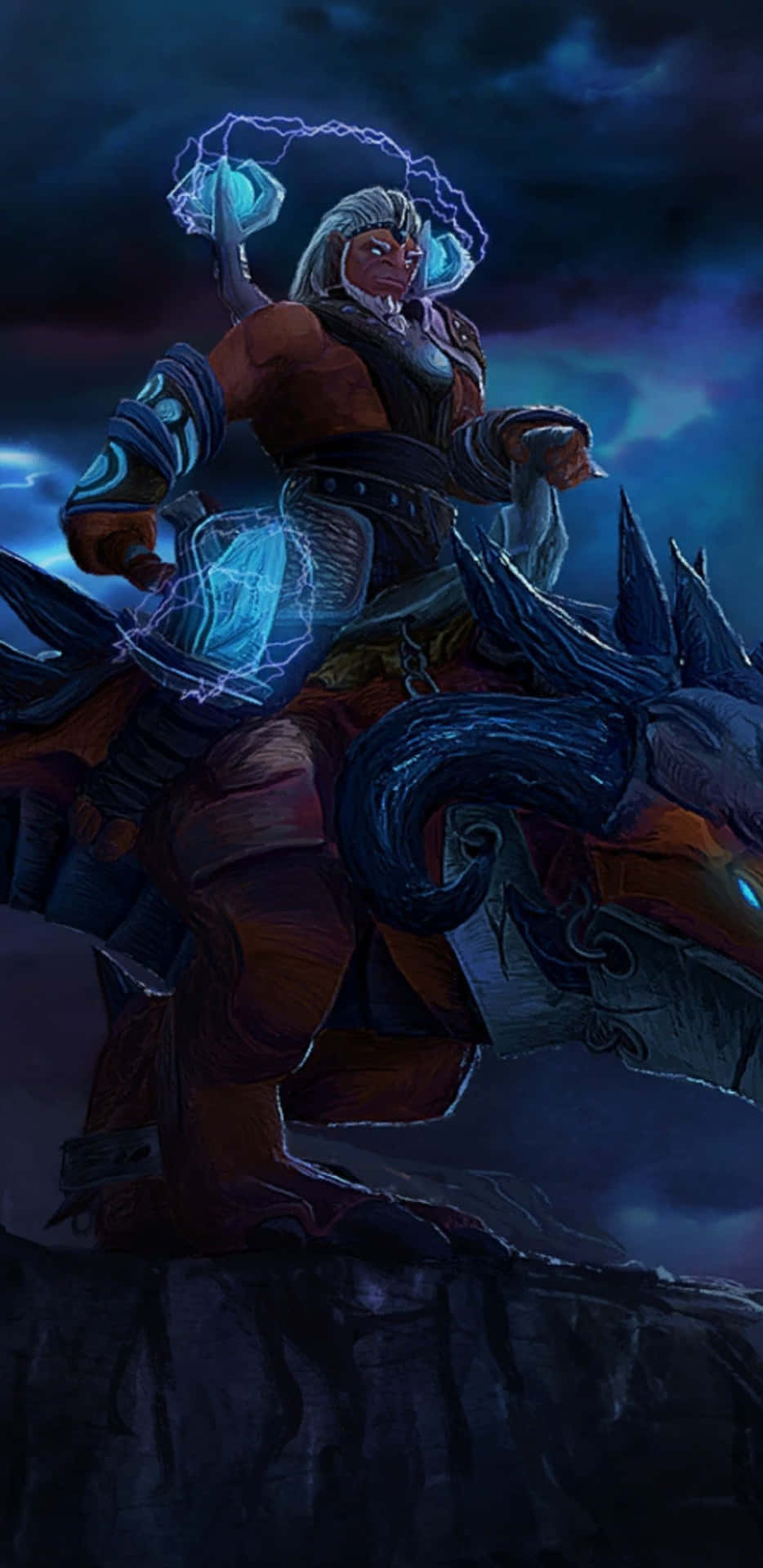 Pixel 3xl《Dota 2》背景與Disruptor角色 壁紙 — 一位白髮的強大戰士騎著一條黑龍，在暴風雨的天空中揮舞著發光的閃電球。