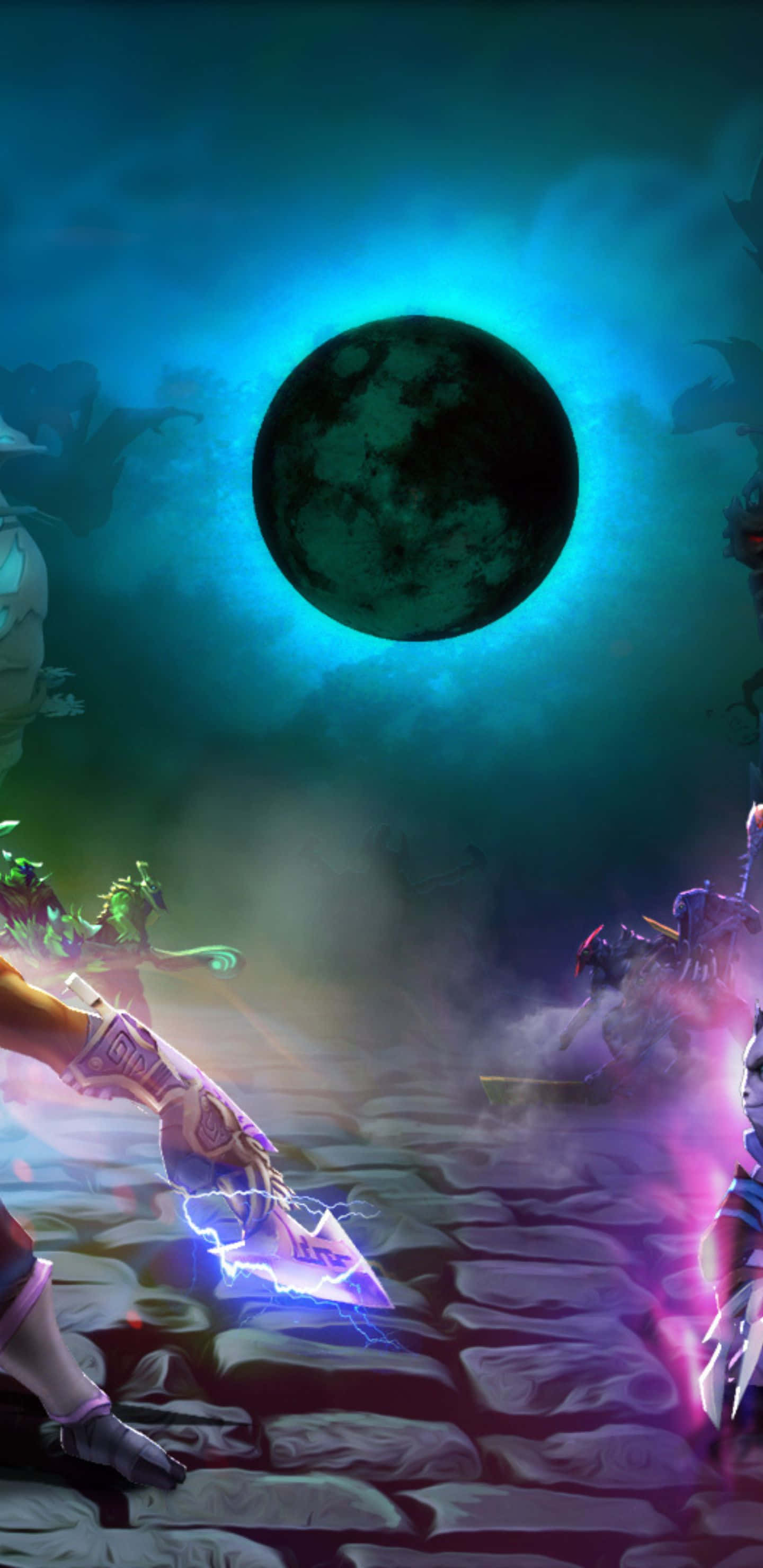 Pixel 3XL Dota 2 桌面：日蝕特效 壁紙 — 在神秘煙霧繚繞的領域中，兩位奇幻戰士在發光的藍月下於石徑上交鋒。