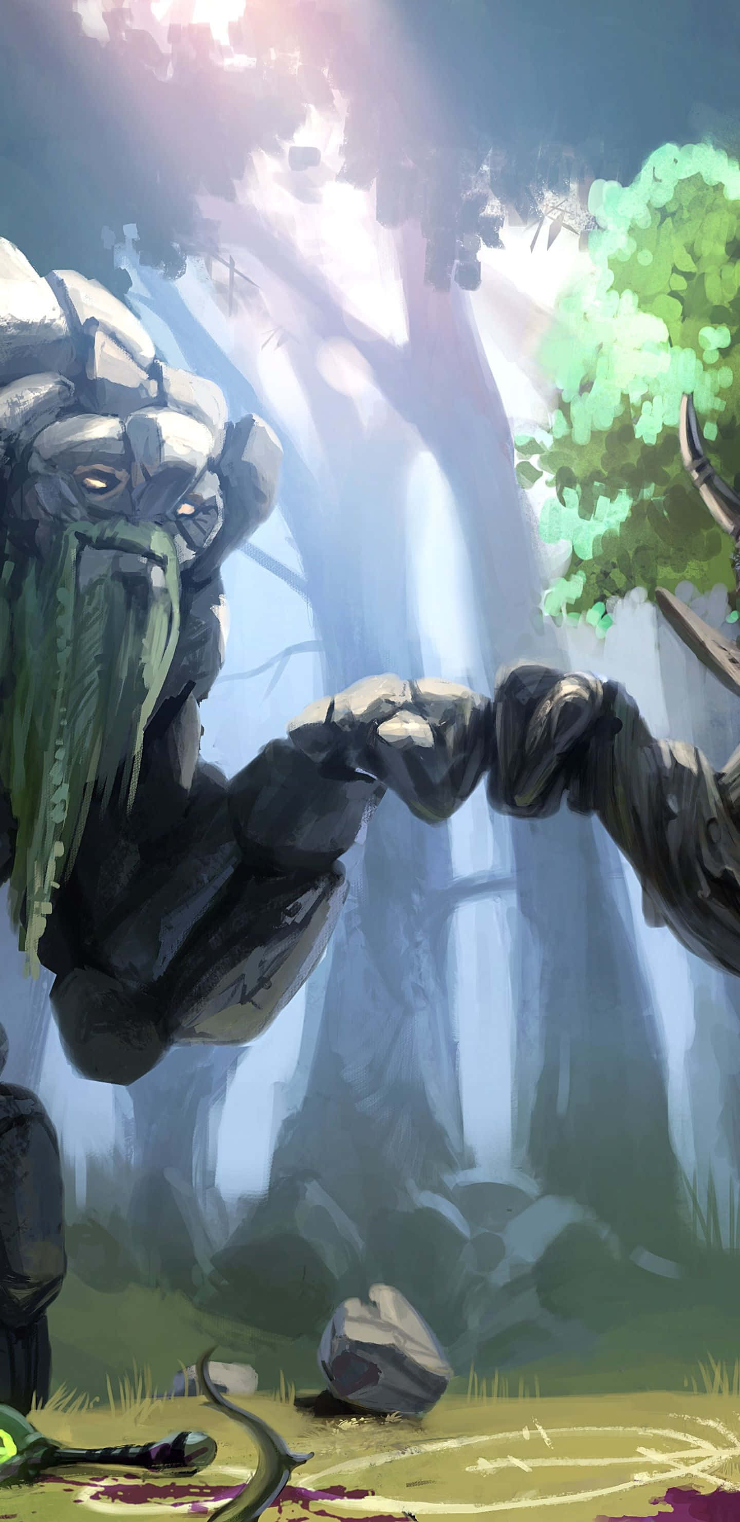 Pixel 3xl Dota 2 背景：與小不點擊掌 壁紙 — 一個巨大的石巨人，長著長滿苔蘚的鬍鬚和發光的眼睛，在薄霧籠罩的森林中抓住一根巨大的樹幹，森林沐浴在柔和的陽光下。