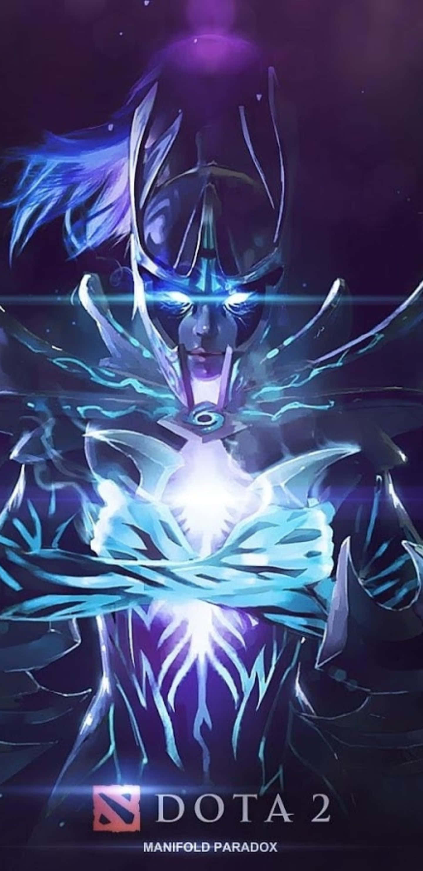 Pixel 3xl Dota 2 背景：發光幻影刺客 壁紙 — 一個發光的藍色裝甲英雄，胸前散發出輻射能量，背景是深紫色的宇宙。