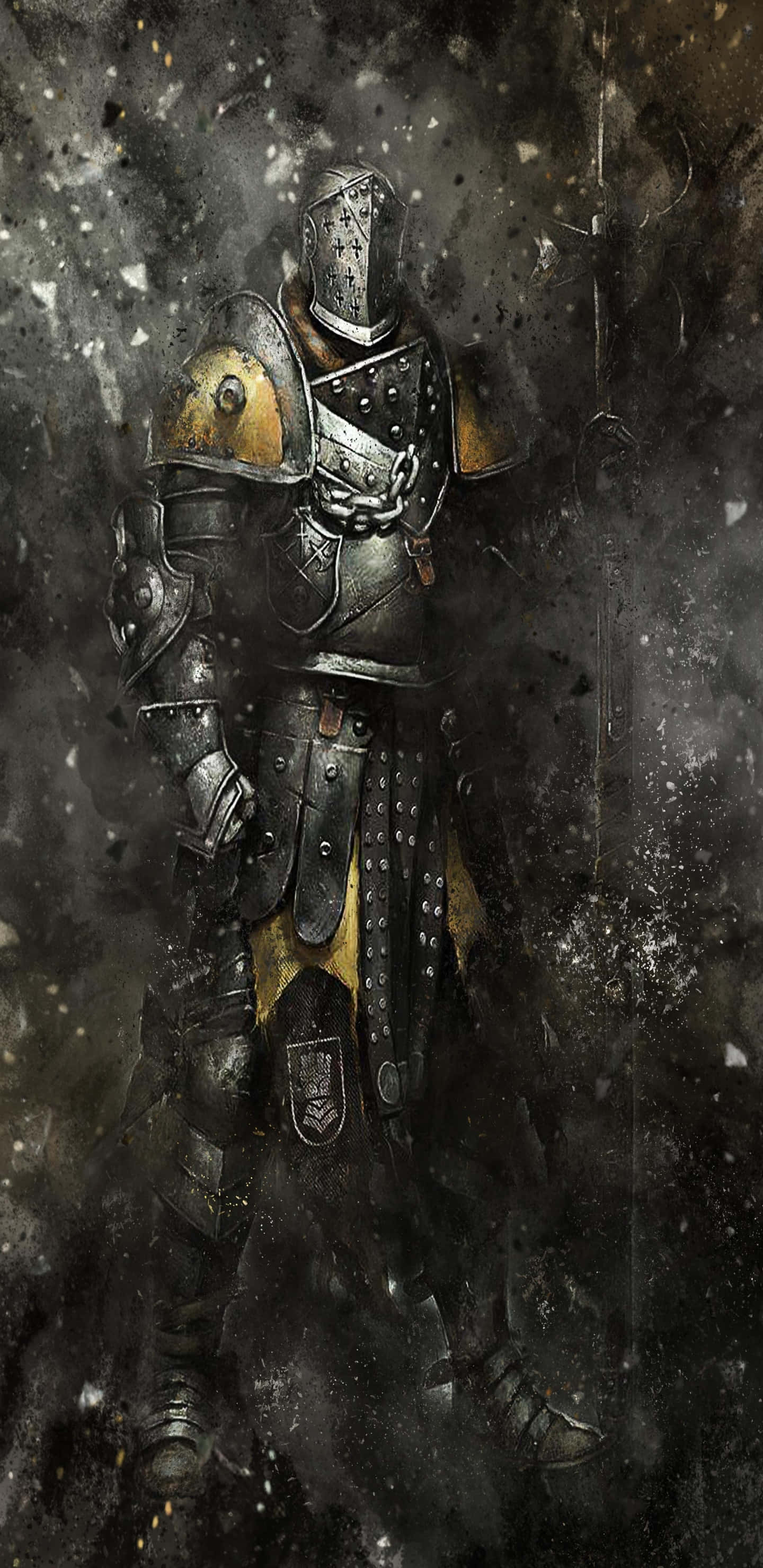 Pixel 3xl《For Honor》律法使者背景 壁紙 — 一位孤獨的騎士身穿風化的盔甲，在陰沉天空下，站在旋轉的黑暗煙霧和落下的灰燼中。
