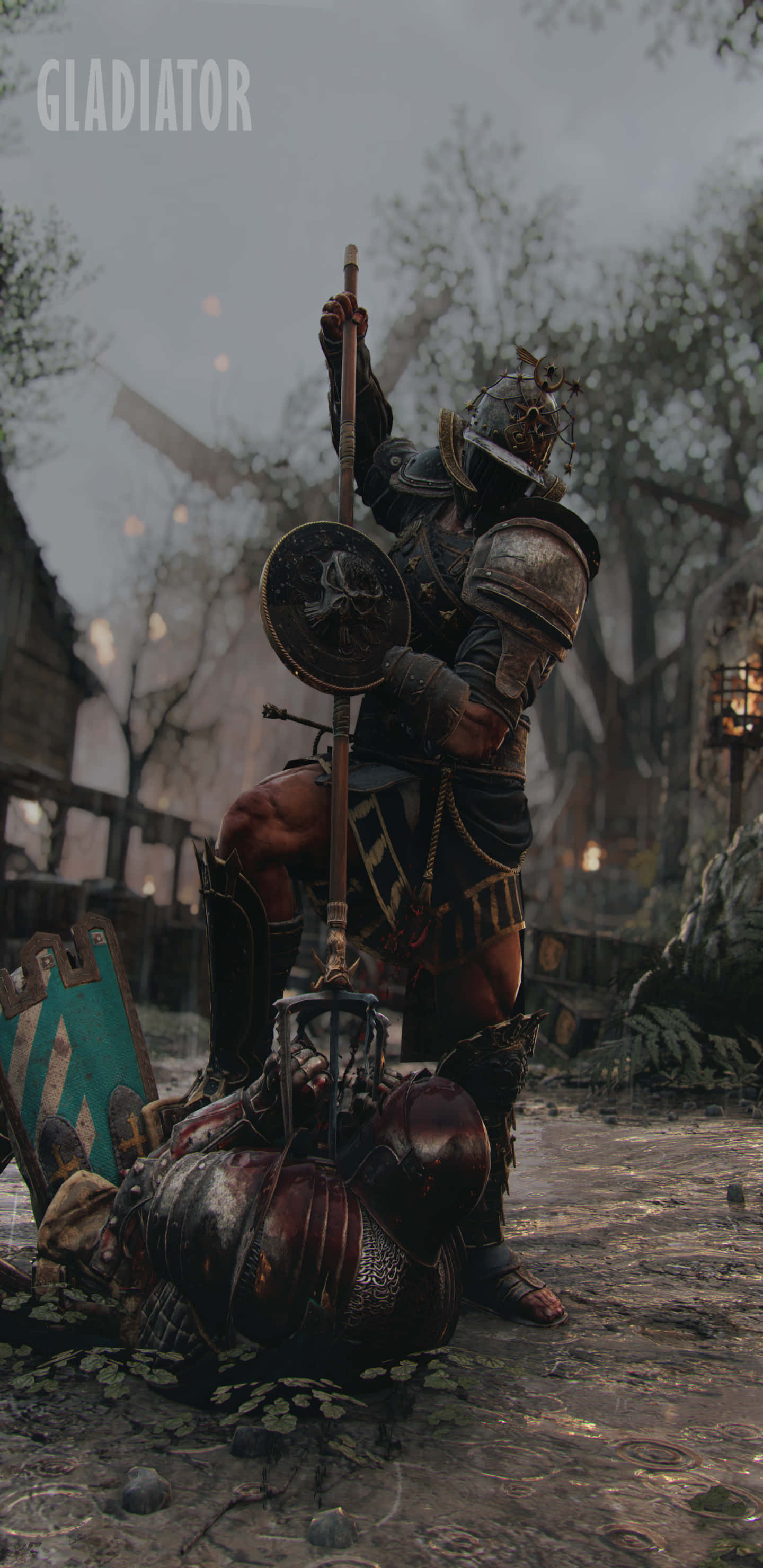 Pixel 3xl《For Honor》角鬥士背景 壁紙 — 一名身穿全副盔甲的角鬥士在泥濘的競技場上，在陰天之下，勝利地站在倒下的敵人之上。