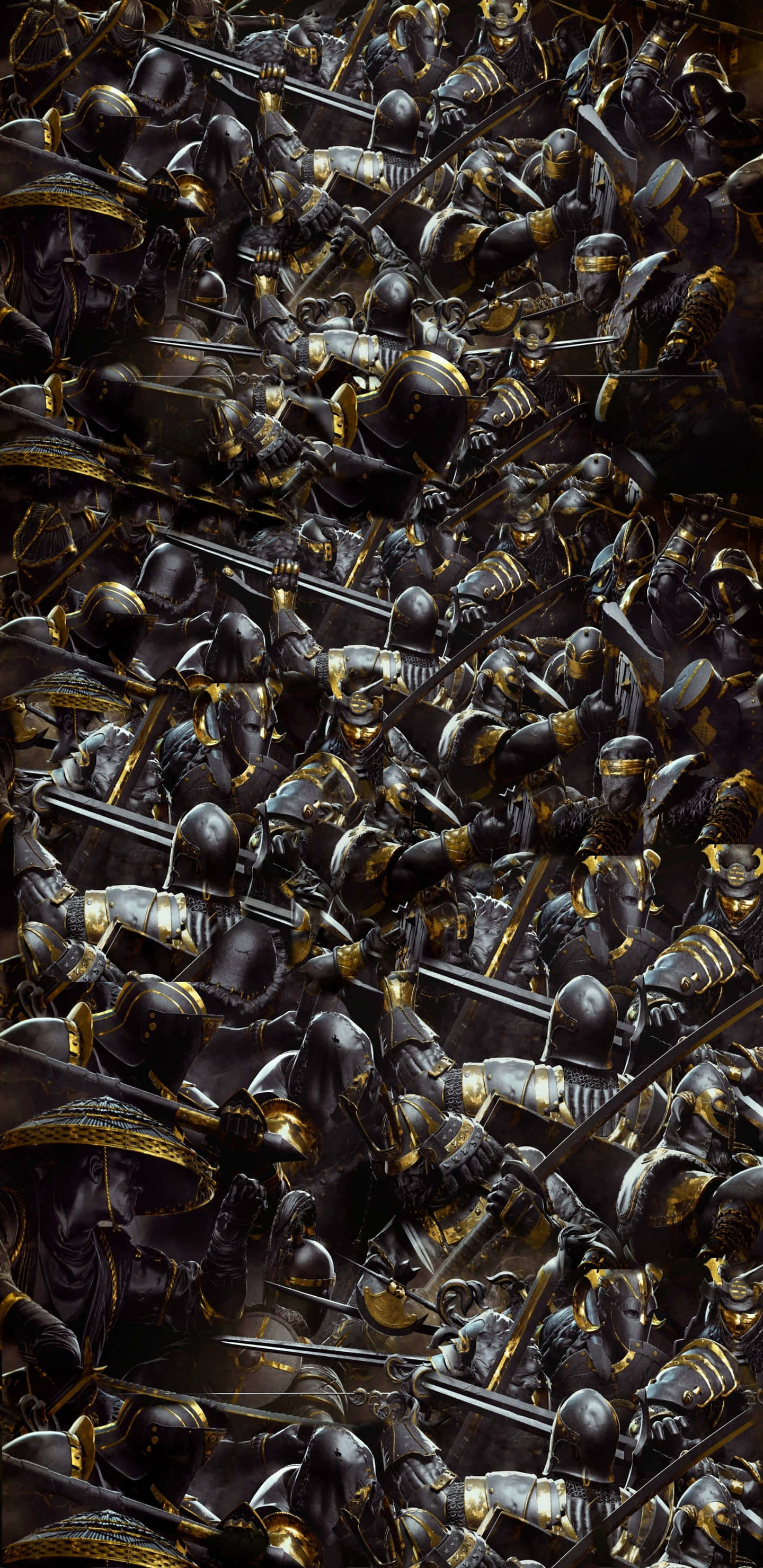 Pixel 3xl《For Honor》第五季背景 壁紙 — 一個密集混亂的戰鬥場景，充滿了身穿黑色和金色盔甲、揮舞著劍的武士。