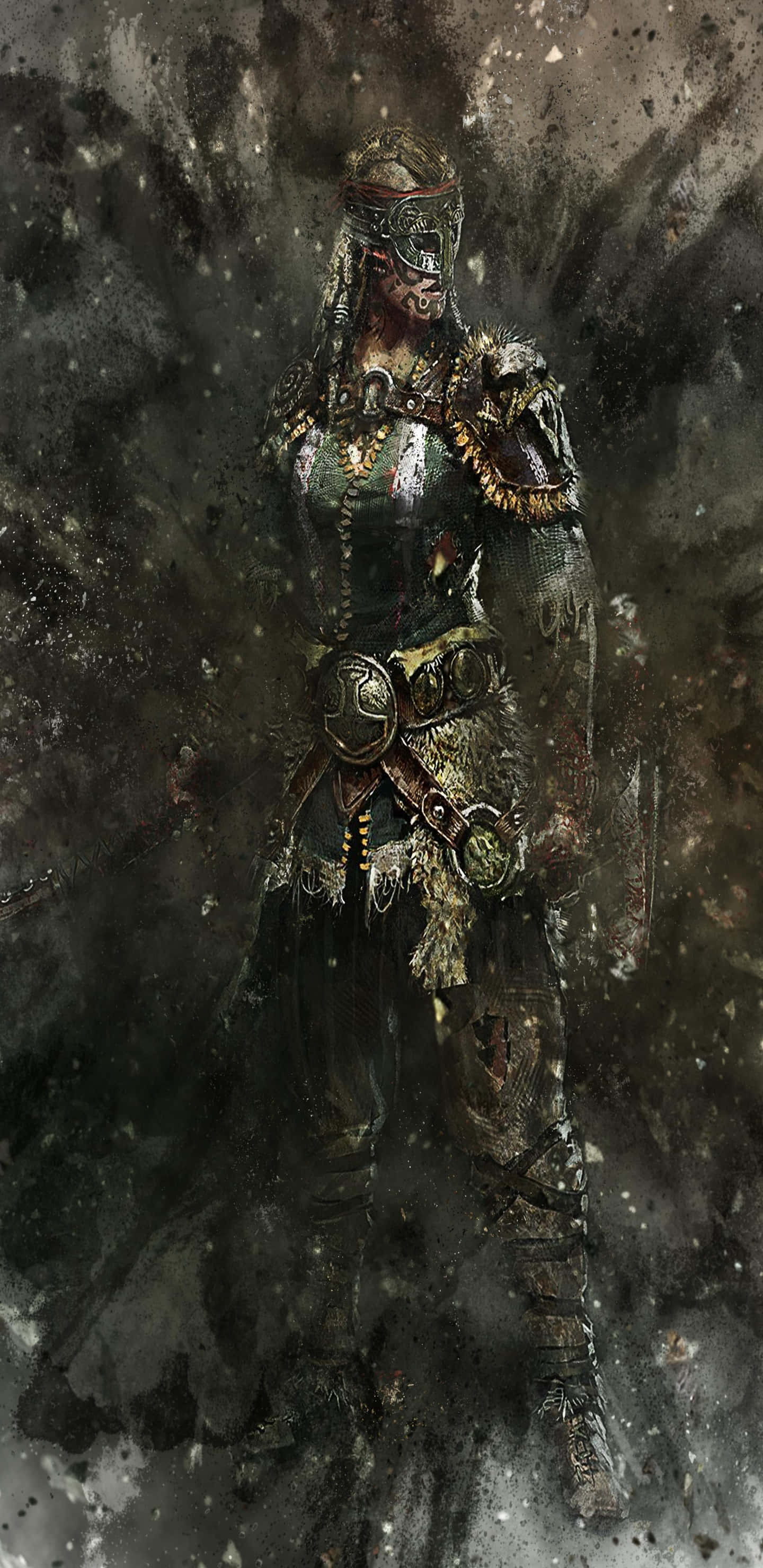 Pixel 3xl《For Honor》忍者背景 壁紙 — 一位身穿華麗盔甲的黑暗奇幻戰士，站在旋轉的暴風雲中，擁有發光的眼睛和複雜的金色細節。