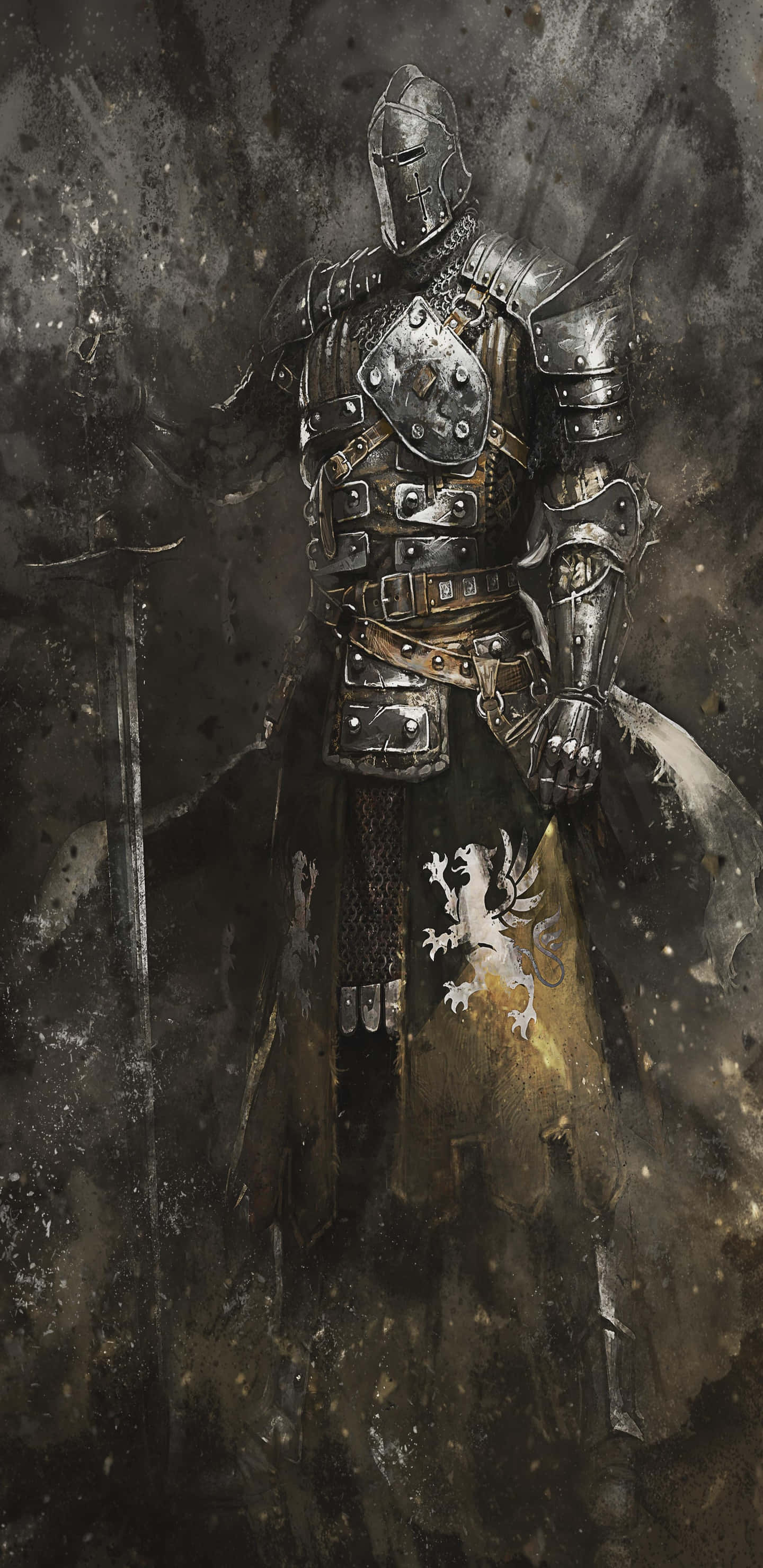 Pixel 3xl《For Honor》守護者背景 壁紙 — 一位身穿精細金屬盔甲的騎士，在粗糙的黑暗背景下莊嚴地持劍站立。