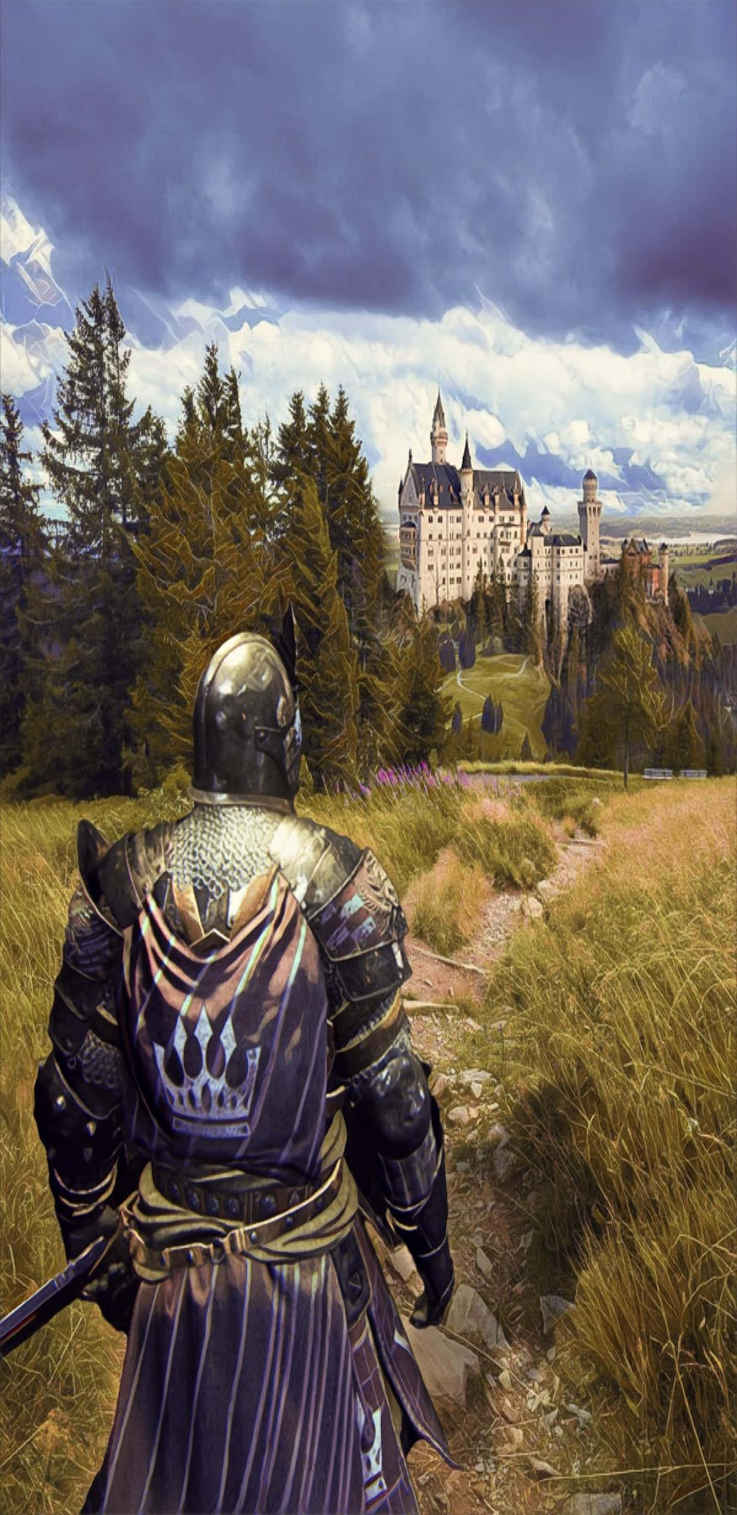 Pixel 3xl《For Honor》騎士城堡背景 壁紙 — 一位身穿華麗盔甲的騎士沿著草地小徑走向遠方松樹環繞的城堡，天空戲劇性地多雲。