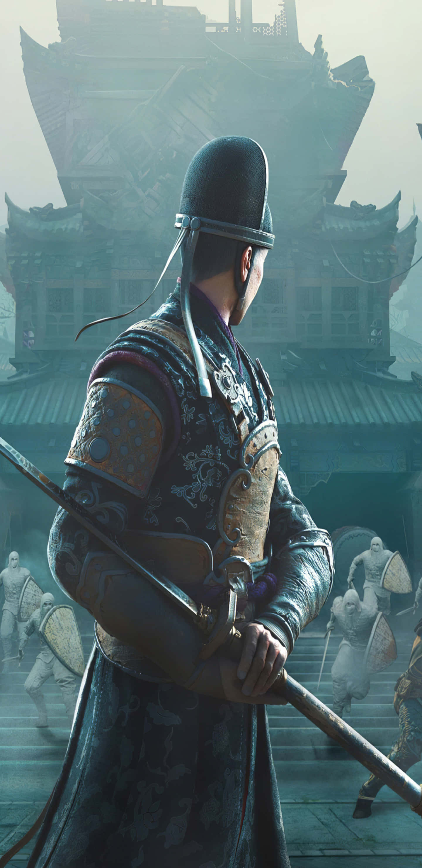 Pixel 3xl For Honor 战虎之謀背景 壁紙 — 一位身穿華麗鎧甲的武士戰士，在霧氣籠罩的傳統日本城堡前持劍待命，下方士兵正在交戰。