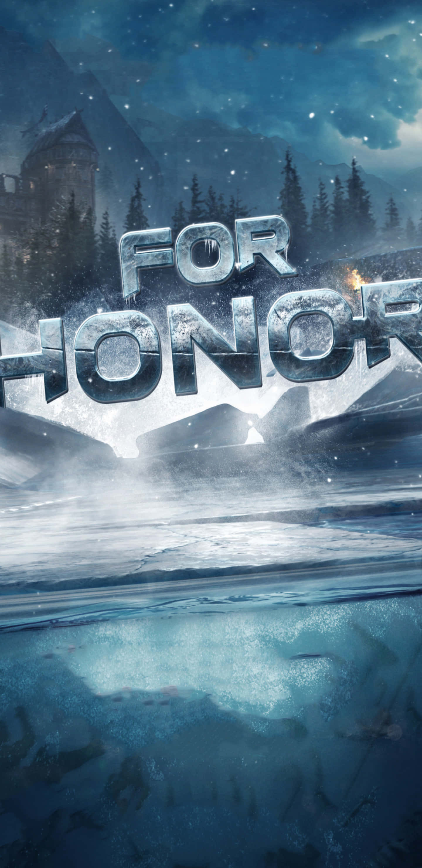 Pixel 3xl For Honor 冬季活動背景 壁紙 — 冰封城堡廢墟在星光燦爛的冬日天空下，雪花飄落，聳立在冰冷的標題文字後面。