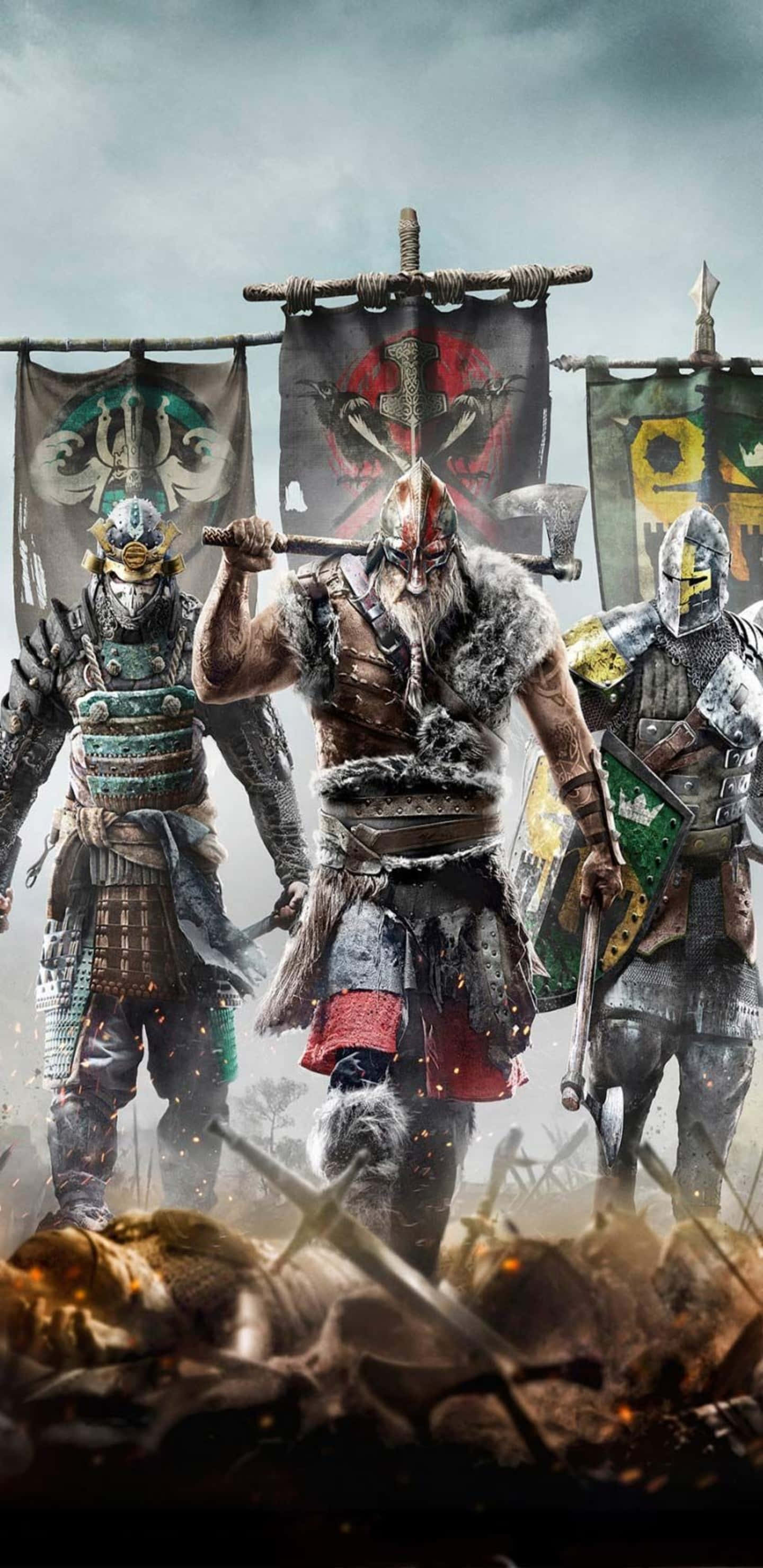 Pixel 3xl《For Honor》派系戰爭背景 壁紙 — 三名身穿鎧甲的戰士在暴風雨的天空下，站在散落著倒下的敵人和破碎武器的戰場上，表現出挑釁的姿態。