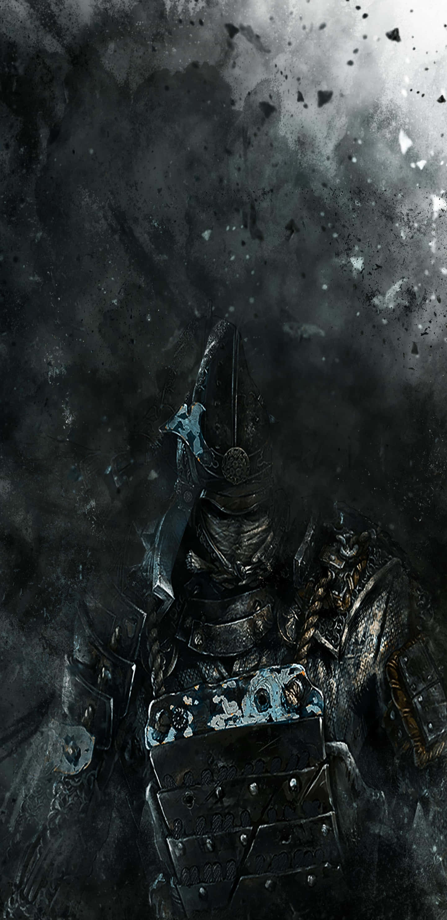 Pixel 3xl《For Honor》 Orochi 背景 壁紙 — 一位身穿暗色盔甲的武士戰士站在陰影煙霧中，其風化盔甲上帶有發光的藍色點綴。