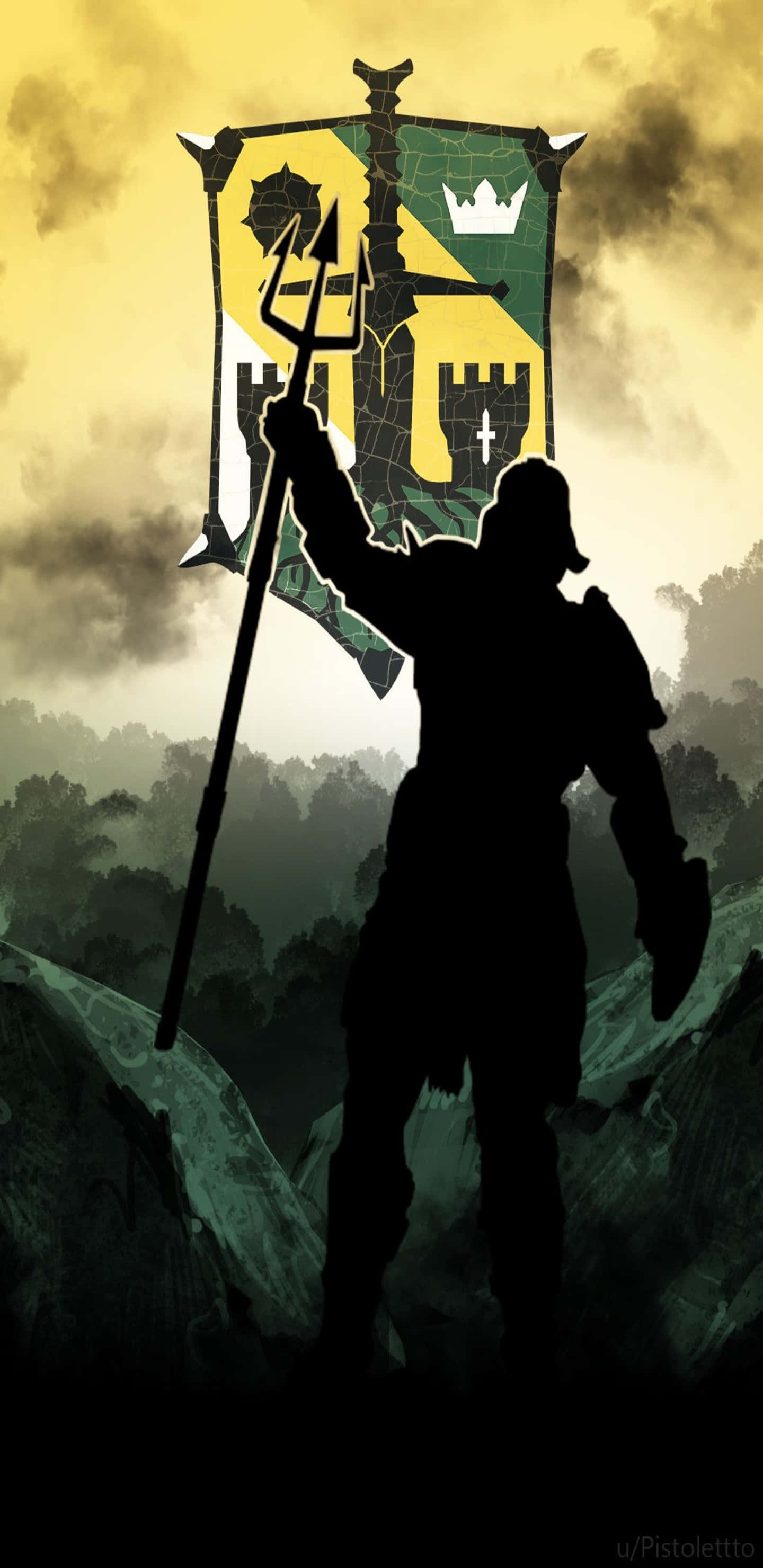 Pixel 3xl《For Honor》角鬥士徽章背景 壁紙 — 戰士的剪影在霧氣籠罩的山巒之上，手持三叉戟和旗幟，映襯著金色的天空。