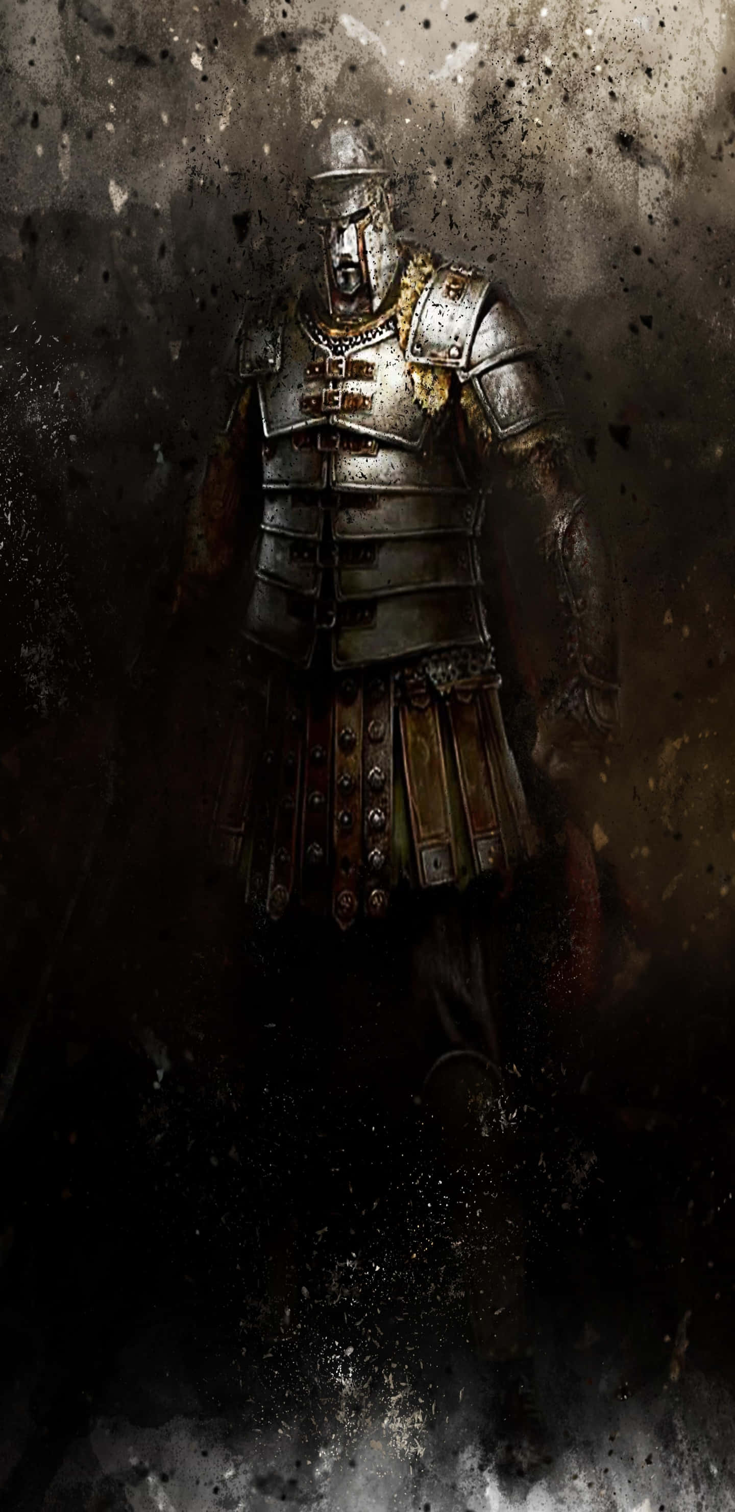 Pixel 3xl《For Honor》百夫長背景 壁紙 — 一個陰沉的裝甲戰士站在陰暗的污垢中，鏽蝕的金屬和黑煙在他威嚴的身影周圍旋轉。