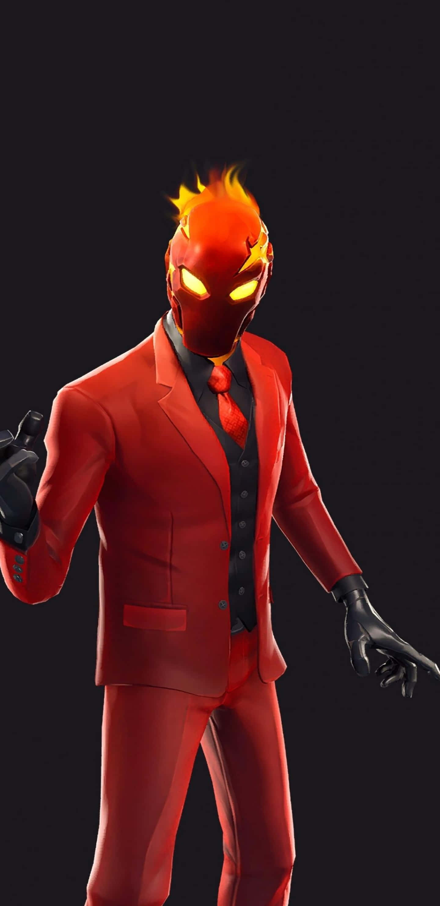Pixel 3XL《Fortnite 競技場》Inferno 皮膚角色背景 壁紙 — 一個身穿火紅西裝、眼睛發光、頭髮如火焰的角色，自信地站在黑暗背景前。