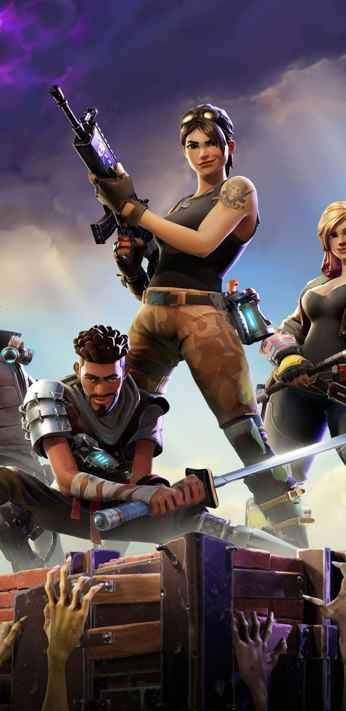 Pixel 3XL《Fortnite 競技場》精彩遊戲場景壁紙 壁紙 — 三個 Fortnite 角色站在一個木箱上，而喪屍的手從下面伸出，在暴風雨的紫色天空下。