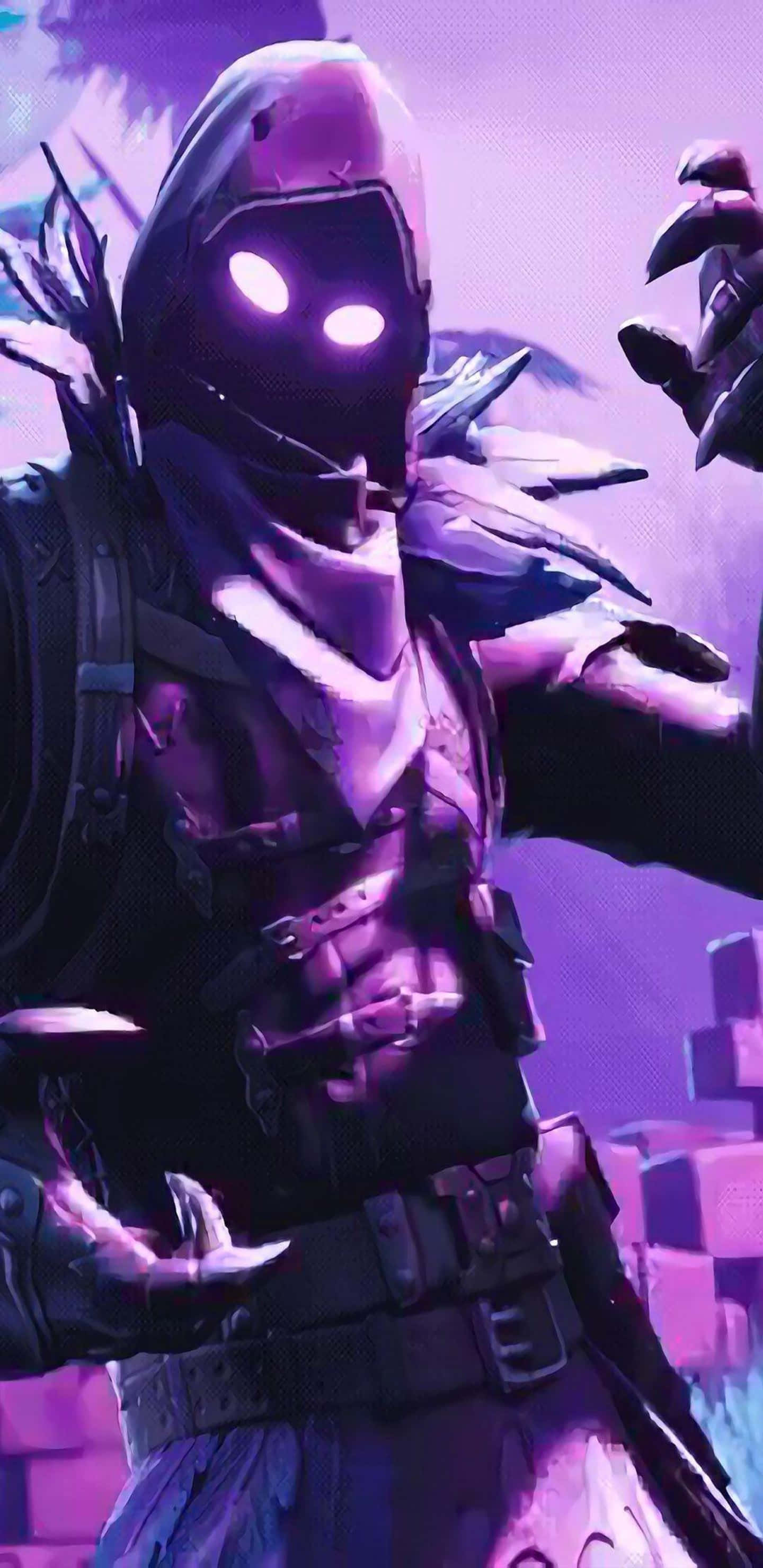 Pixel 3XL《Fortnite 競技場》沉浸式遊戲壁紙 壁紙 — 一個戴著連帽衫的威脅性人物，擁有發光的白色眼睛和利爪般的手，站在紫色調的數位環境中。