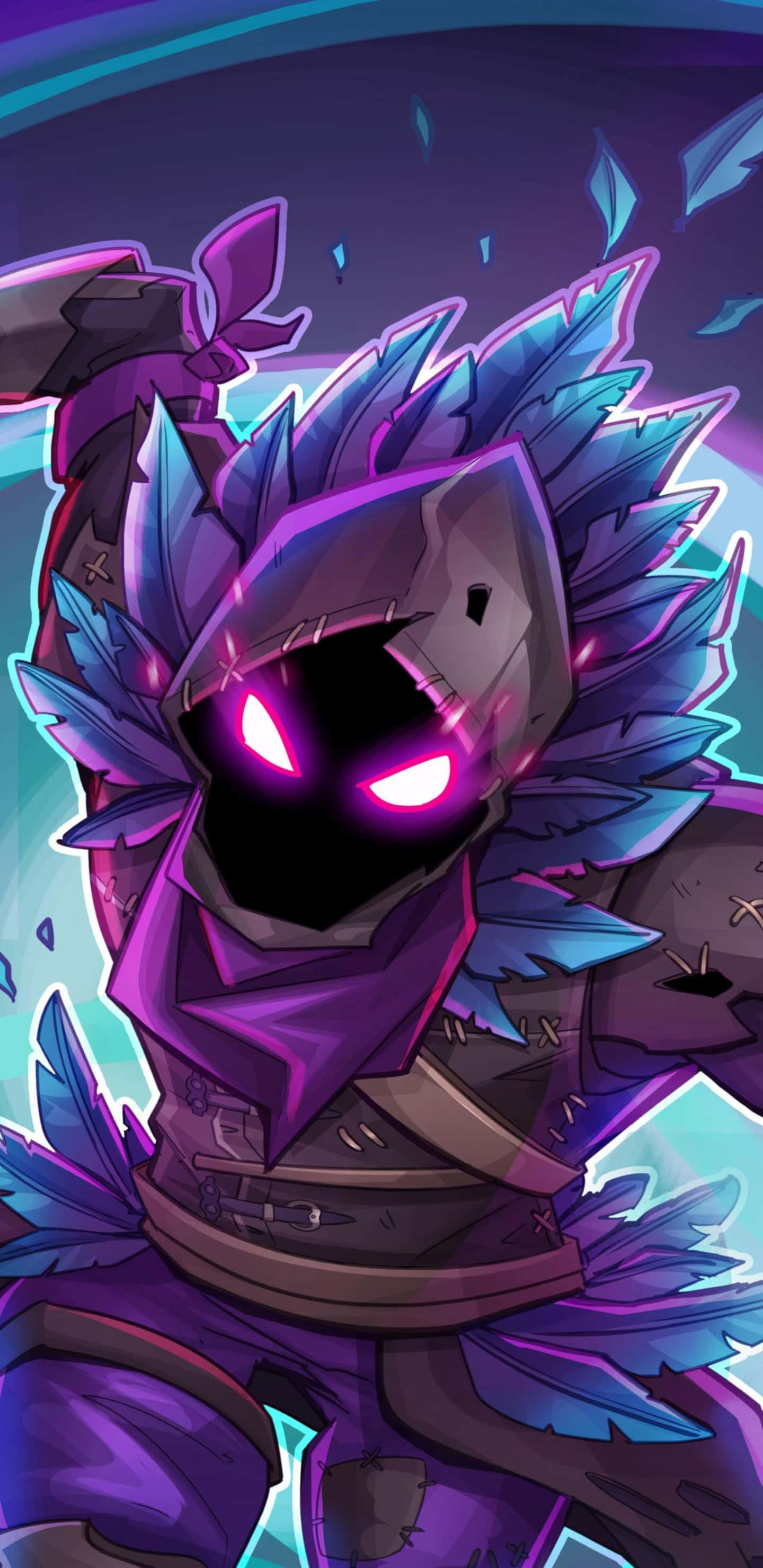 Pixel 3XL《Fortnite 競技場》Raven 紫眼皮膚角色背景 壁紙 — 一個身穿紫色盔甲、擁有發光粉紅色眼睛和鋸齒狀藍色羽毛狀尖刺的威脅人物，站在深藍綠色背景前。