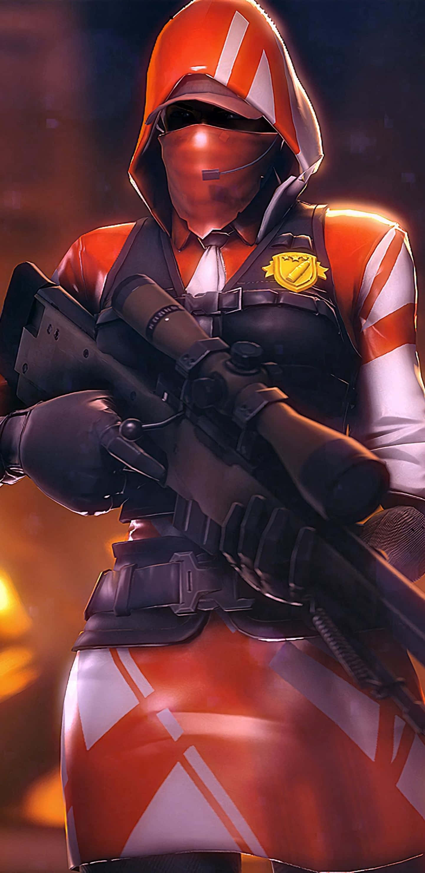 Pixel 3XL《Fortnite 競技場》紅衣角色持「Boom Sniper Rifle」背景 壁紙 — 一名戴著兜帽的狙擊手，身穿橙色和白色裝備，在火熱環境中瞄準步槍，眼睛發光。