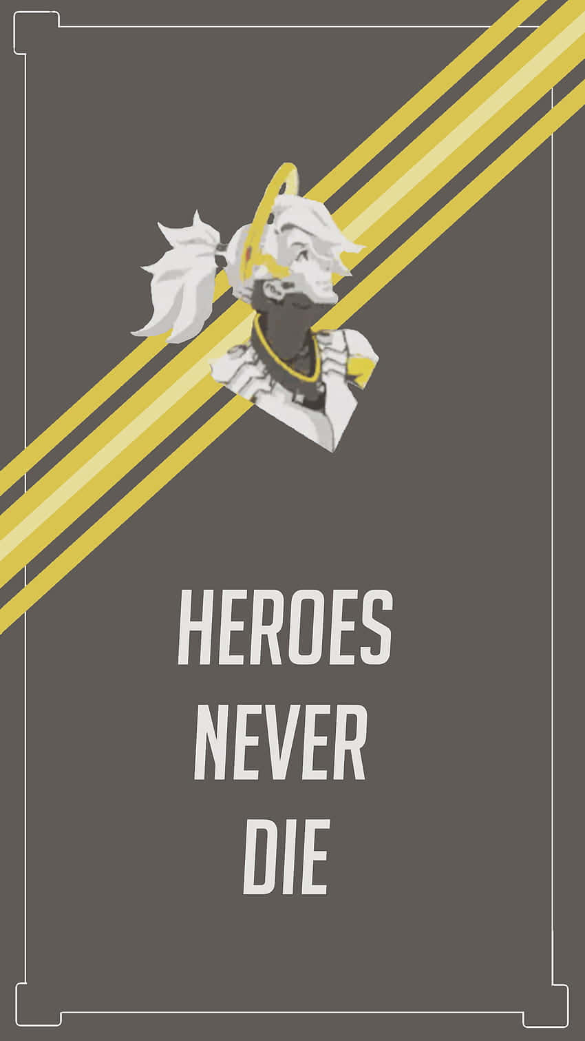 Pixel 3xl 遊戲《守望先鋒》Mercy 背景 壁紙 — 一個風格化的白髮英雄，帶有光環和金色點綴，在灰色背景上以對角線漂浮，背景有醒目的黃色條紋和文字英雄永不消逝。