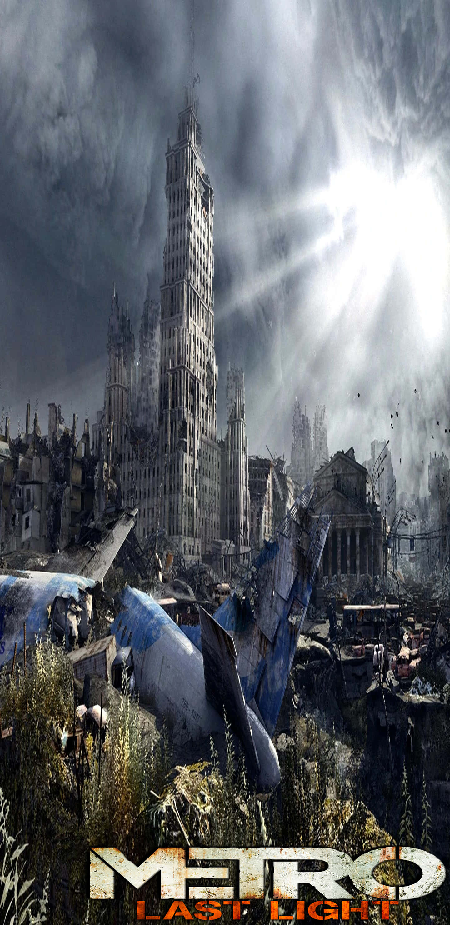 Pixel 3XL《Metro Last Light》城市廢墟背景 壁紙 — 一座高聳的哥德式摩天大樓刺穿暴風雨的天空，下方是長滿野草和碎石的廢墟城市景觀。