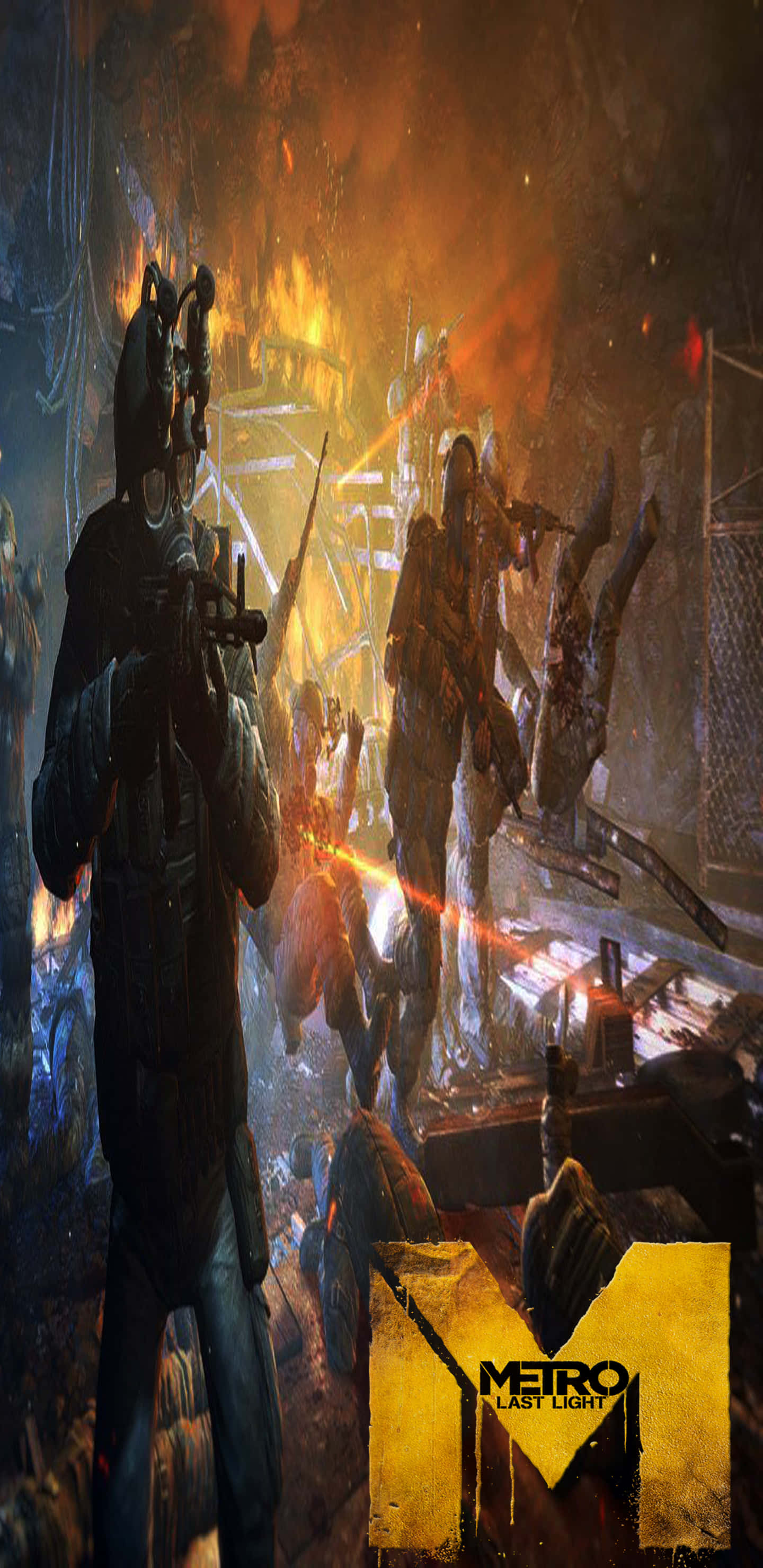 Pixel 3XL《Metro：最後的光》士兵背景 壁紙 — 一名孤獨的士兵身穿黑色裝備，站在烈火廢墟中，而怪異的突變體在混亂的末世戰鬥中向前湧動。