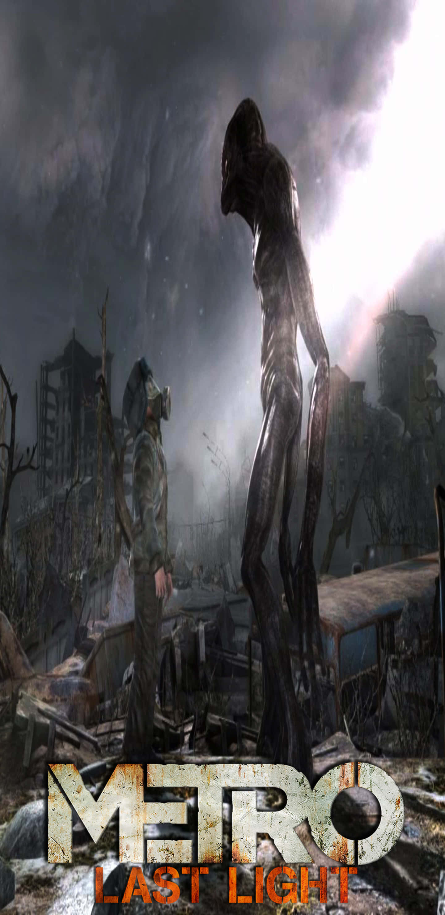 Pixel 3XL《Metro: Last Light》黑暗者背景 壁紙 — 一個戴著防毒面具的孤獨倖存者，站在一個廢墟般的後末日城市景觀中，面對一個高聳的怪誕生物。