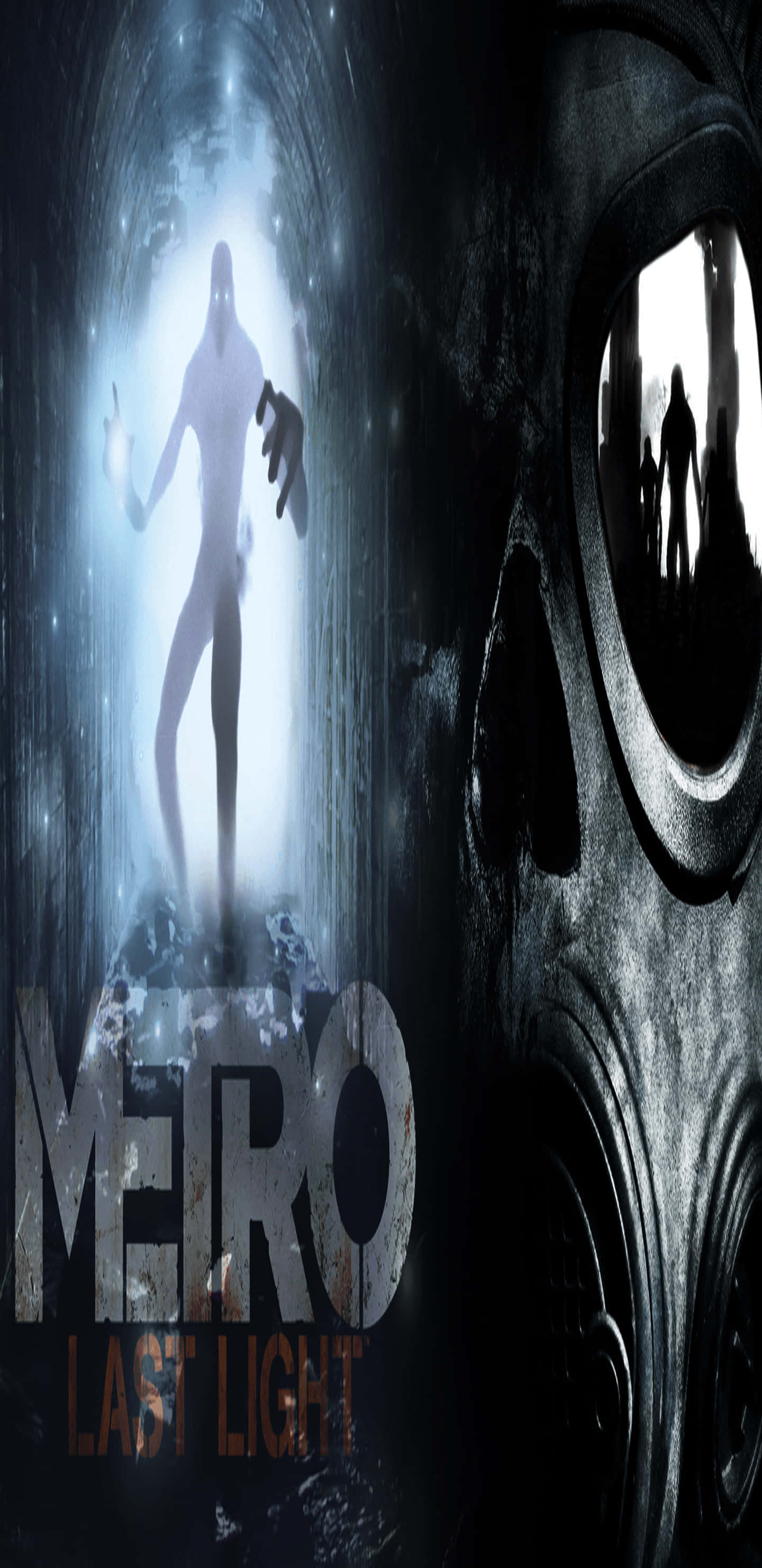Pixel 3XL《Metro Last Light》怪物背景 壁紙 — 一個發光的人形身影從黑暗隧道中出現，透過反射遠處剪影的防毒面具所見。
